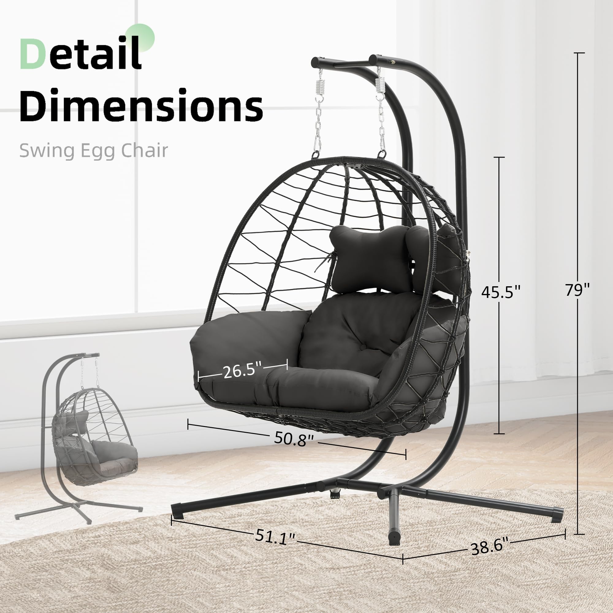 Double Egg Chair with Stand - Foldable Hammock Swing Chair with UV Resistant Removable Cushions, 700LBS Capacity - Perfect for Bedroom, Balcony, Garden, Patio & Backyard Relaxation (BK-GR)