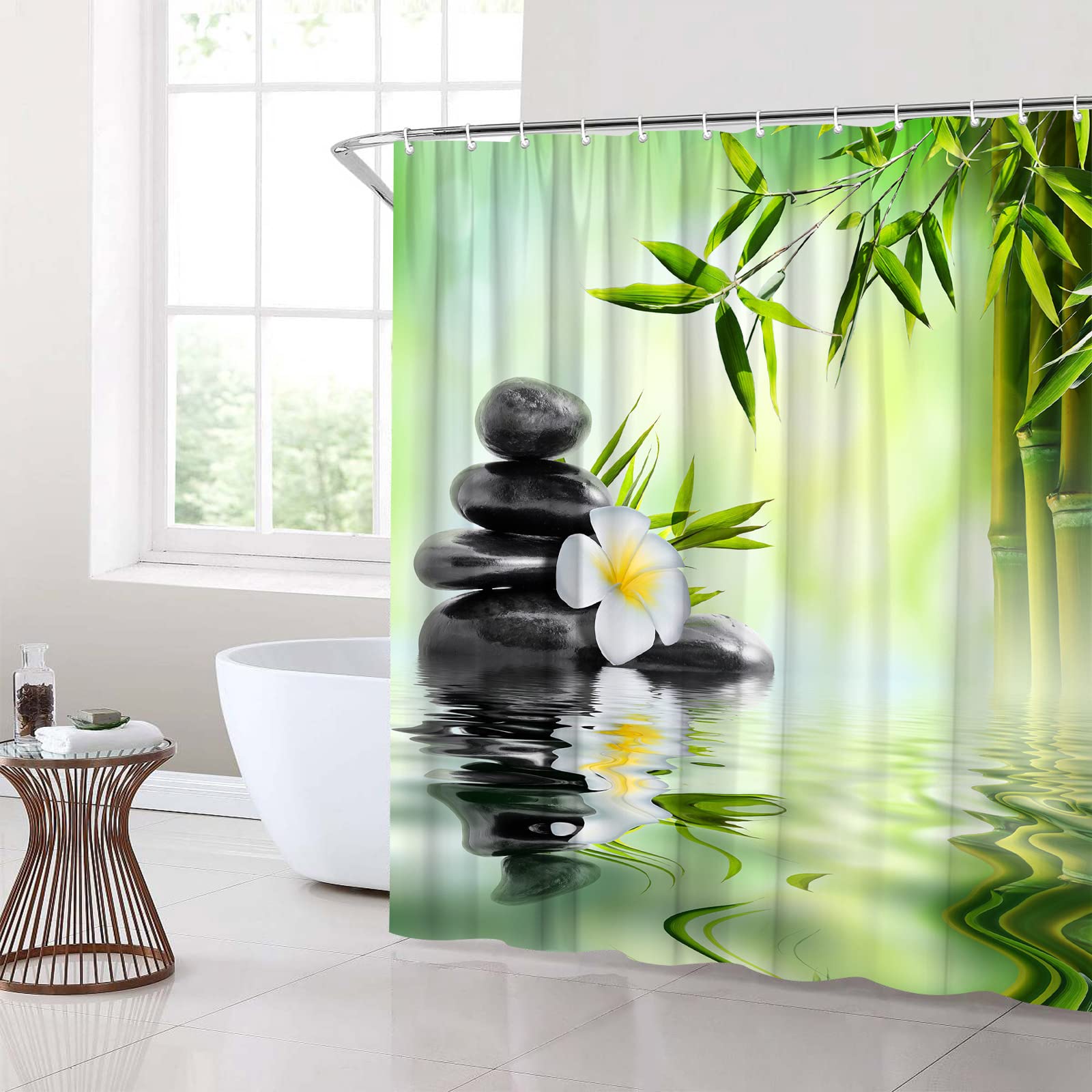 Zen Garden Shower Curtain - Green Bamboo Leaf & White Flower Design with Black Stone Water Landscape - Spa Themed Bathroom Decor - 70 x 70 Inch Cloth Hanging Curtain Set with Hooks - Perfect for Relaxing Baths, Meditation Spaces & Asian-Inspired Home Decor