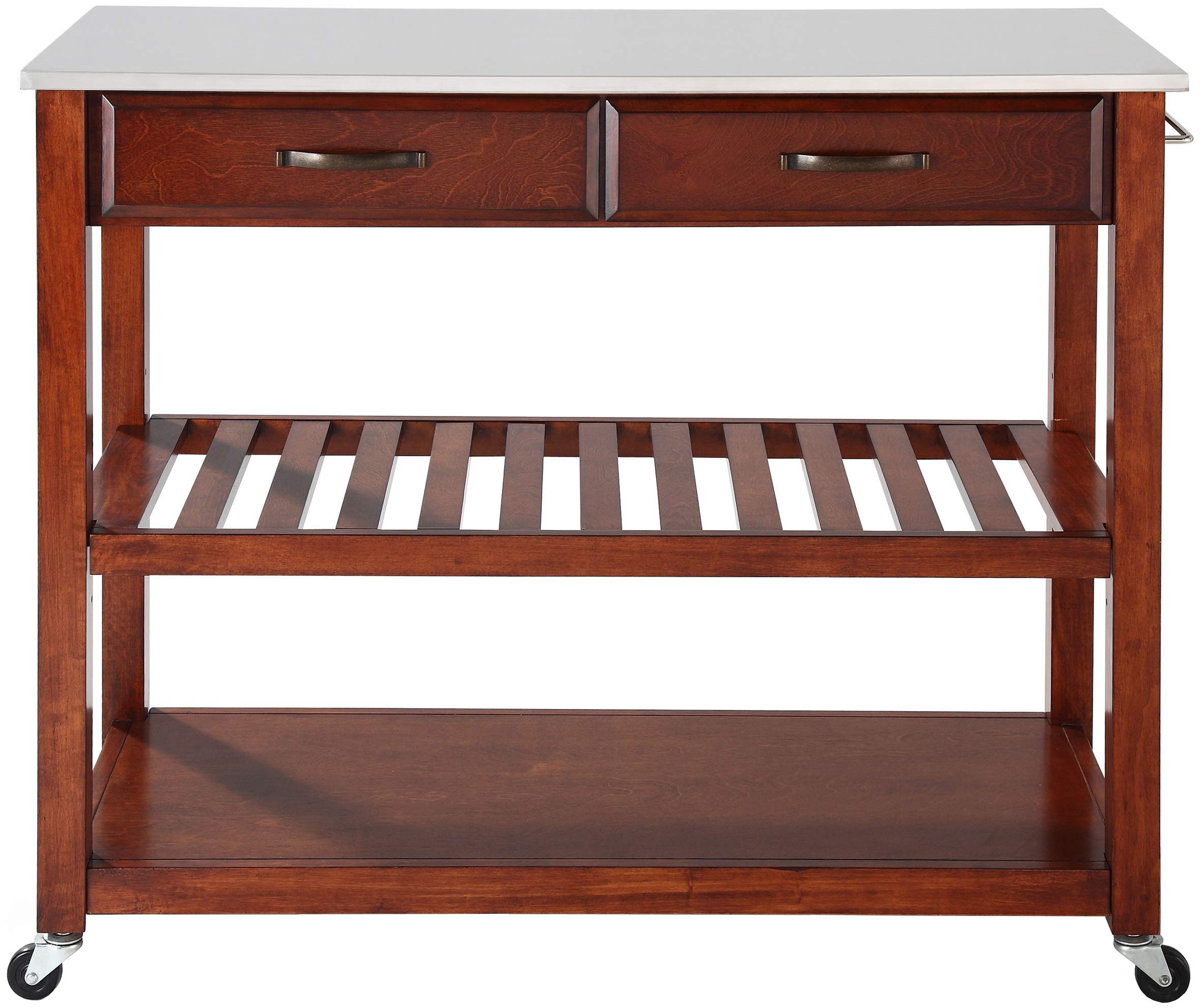 Crosley Furniture Cherry Wood Kitchen Prep Rolling Cart with Stone Top - Microwave Stand, Coffee Bar Station, Storage Shelves - Perfect for Small Kitchens, Apartments & Dorm Rooms