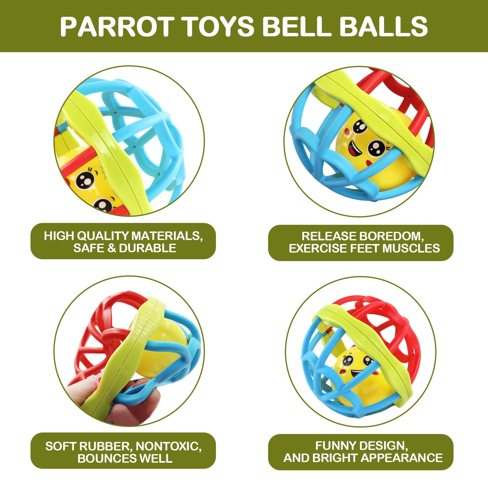 QBLEEV Bird Toys for Parrots - Plastic Chew Toys with Bells & Soft Rubber Balls - Foraging Foot Talon Toy for Training - Cage Accessories for Cockatiels, Budgies, Conures & Cats - Perfect for Chewing, Beak Grinding & Playtime Enrichment
