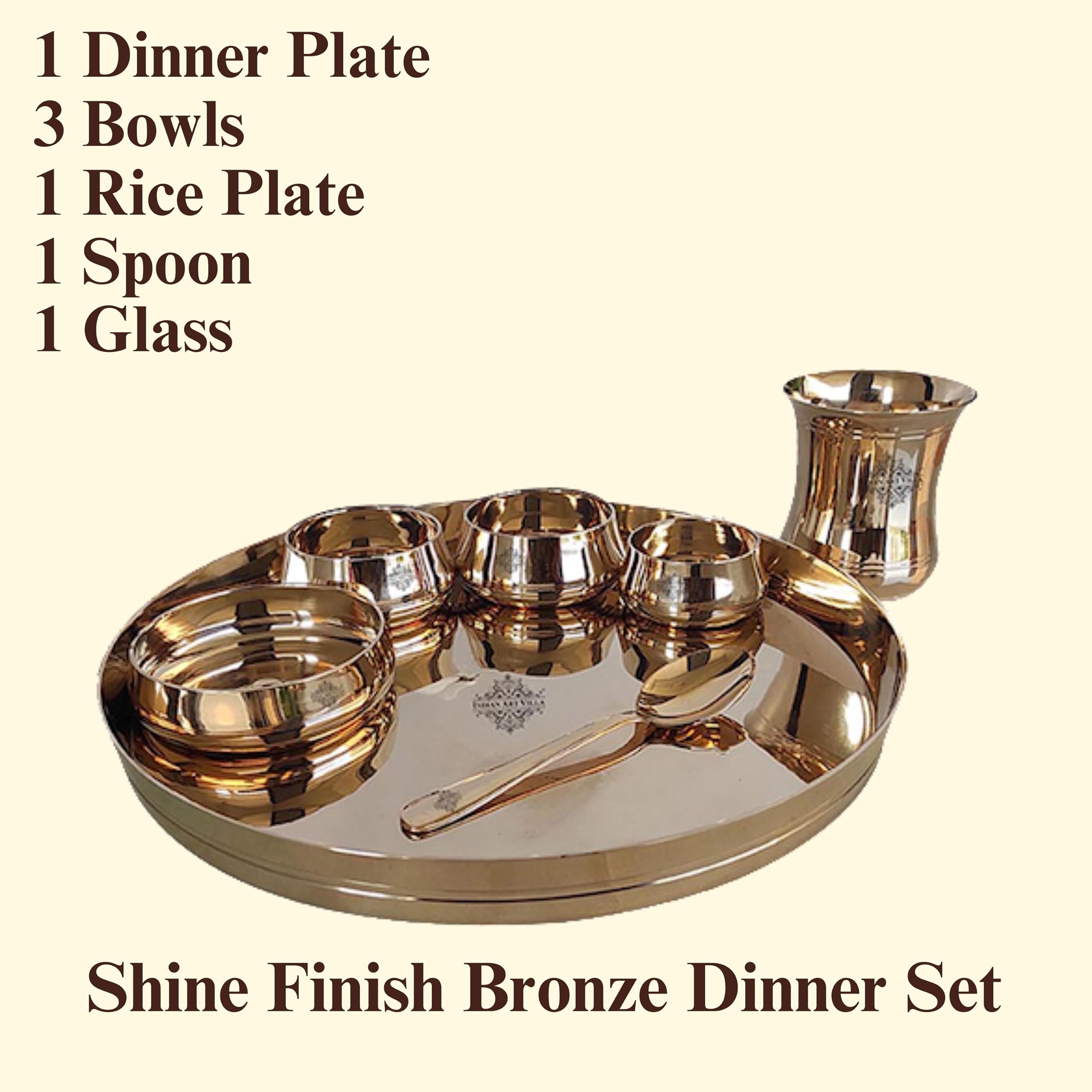 Indian Art Villa Pure Bronze 7-Piece Dinner Set - 1 Thali, 1 Glass, 1 Halwa Plate, 1 Spoon, 2 Bowls & 1 Small Chutney Bowl in Gold Finish | Elegant Dining Set for Indian Cuisine, Wedding Gifts & Home Decor