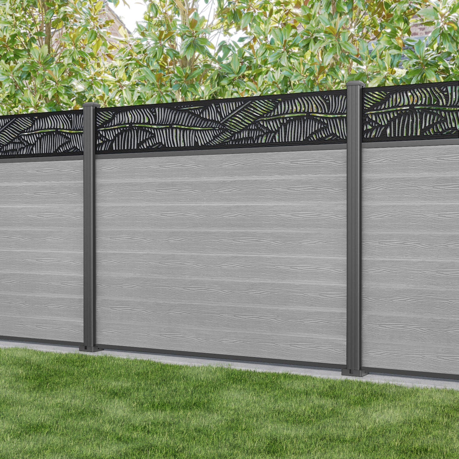 Classic Feather Fence Panel - Light Grey Aluminum Privacy Fence with Durable Posts | Perfect for Backyard, Garden, and Poolside Decoration