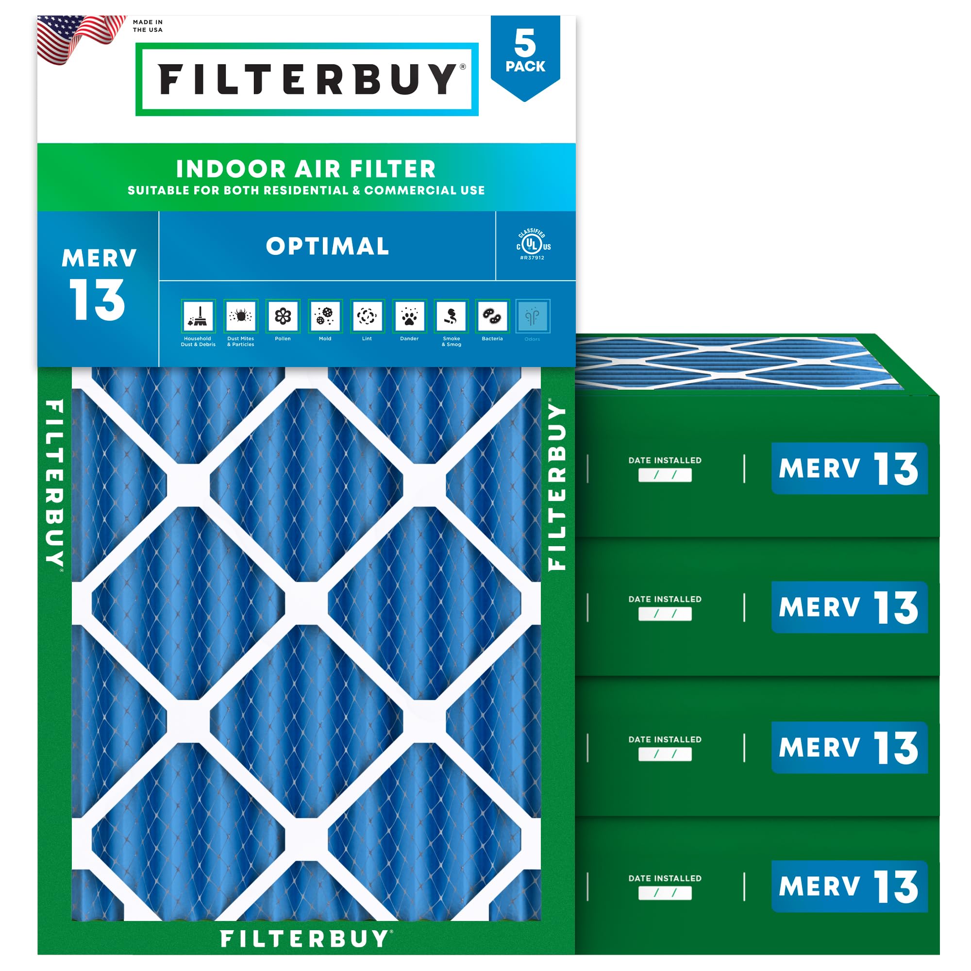 Filterbuy 17x25x4 MERV 13 Air Filter 5-Pack - High Efficiency HVAC Furnace & AC Replacement Filters (16.5x24.5x3.63