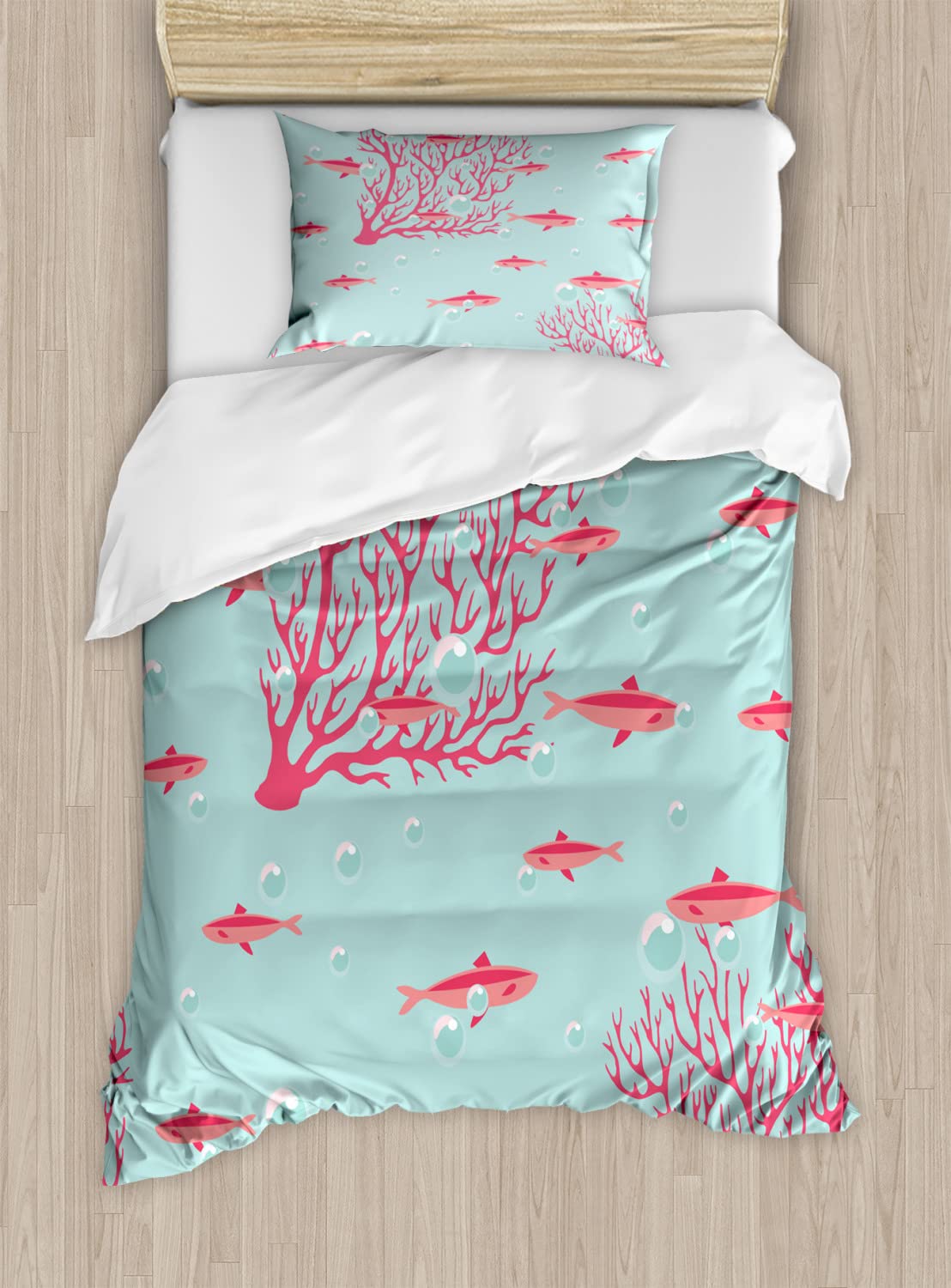 Ambesonne Coral Reef Duvet Cover Set - 2-Piece Twin Size with 2 Duvet Covers & 2 Pillowcases, Underwater Ocean Theme Bedding in Dark Coral & Pale Blue, Perfect for Kids' Rooms & Beach House Decor