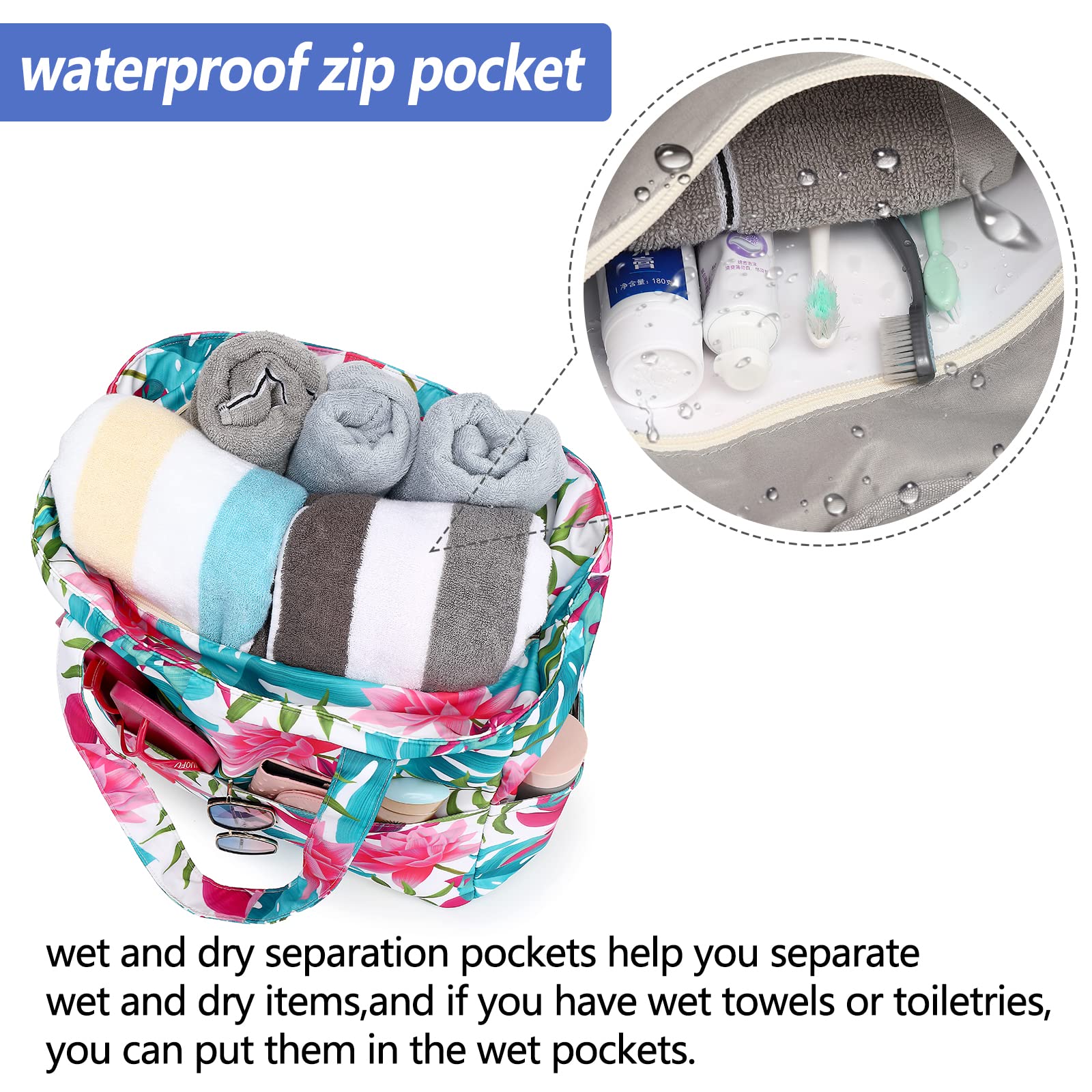 LEDAOU Large Waterproof Beach Tote Bag for Women - Sandproof Zippered Pool & Gym Bag with Wet Pocket - Perfect for Travel, Grocery Shopping & Beach Outings