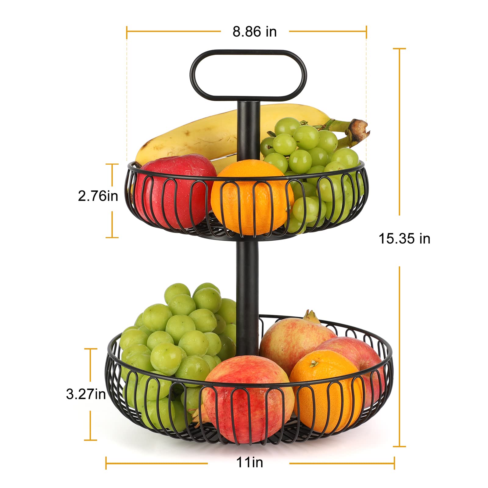 Seiko 2-Tier Black Fruit Basket Bowl - Large Capacity Rust-Proof Kitchen Counter Fruit Tray Rack, Multifunctional Storage for Fruits, Vegetables & Snacks - Perfect for Dining Tables, Pantries & Countertop Organization