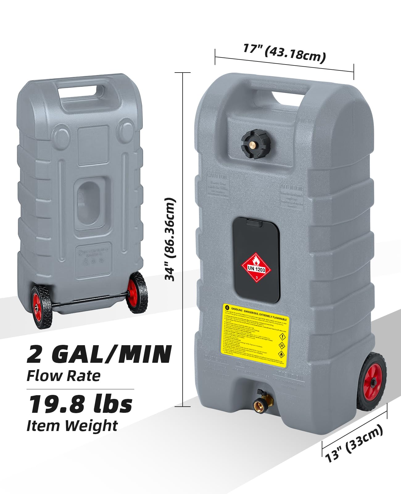 GARVEE 15 Gallon Portable Fuel Caddy with 10ft Hose - Manual Siphon Pump & 7.5L/min Nozzle for Diesel/Gasoline - Heavy Duty Gray Fuel Storage Tank for Emergency, Farm, Construction & Outdoor Use