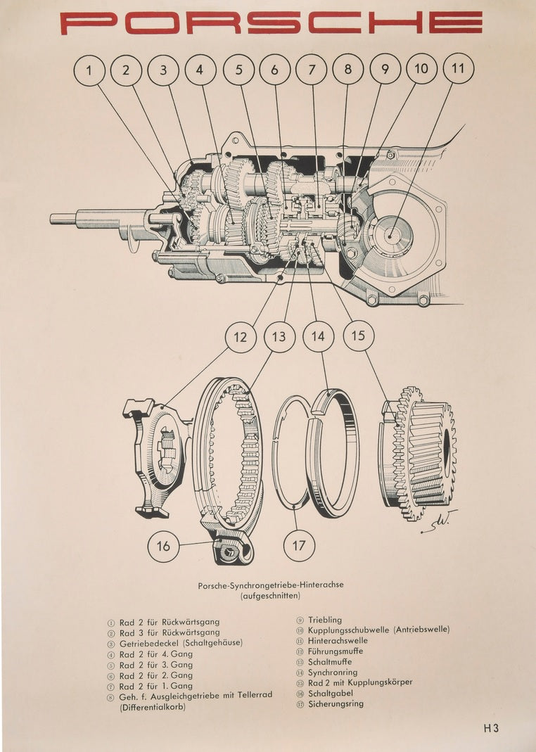 Porsche 356 Cutaway Diagram - Detailed Engine & Transmission Blueprint Poster - Vintage Car Technical Drawing for Garage Decor, Auto Shop Wall Art, Mechanics Gift