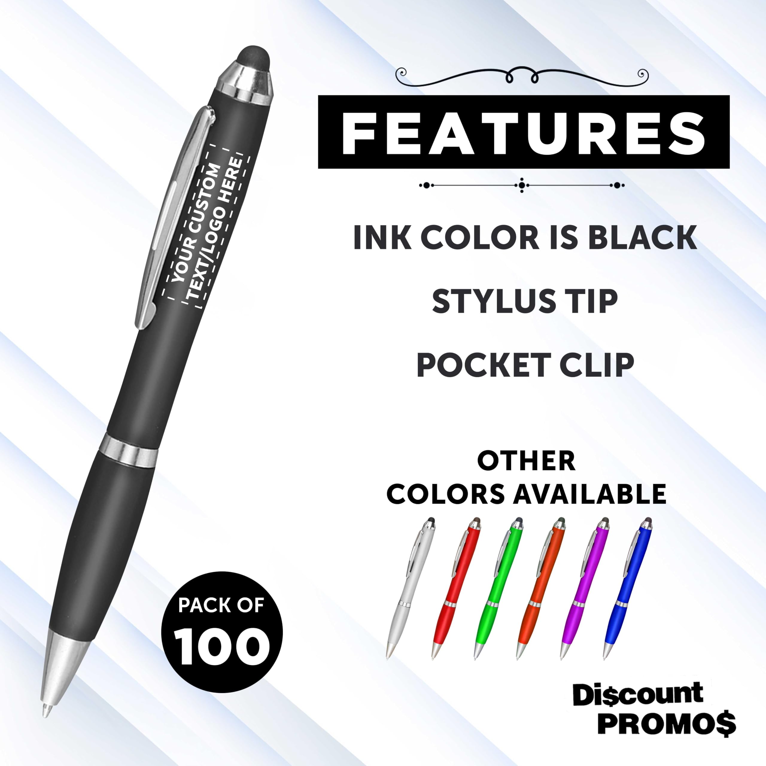 Custom Plastic Stylus Pens Bulk Pack of 100 - Personalized Black Ink Stylus for Touchscreens - Perfect for Office, School, Business, Tradeshows & Events - Great for Tablets, iPads, Smartphones & Digital Signatures