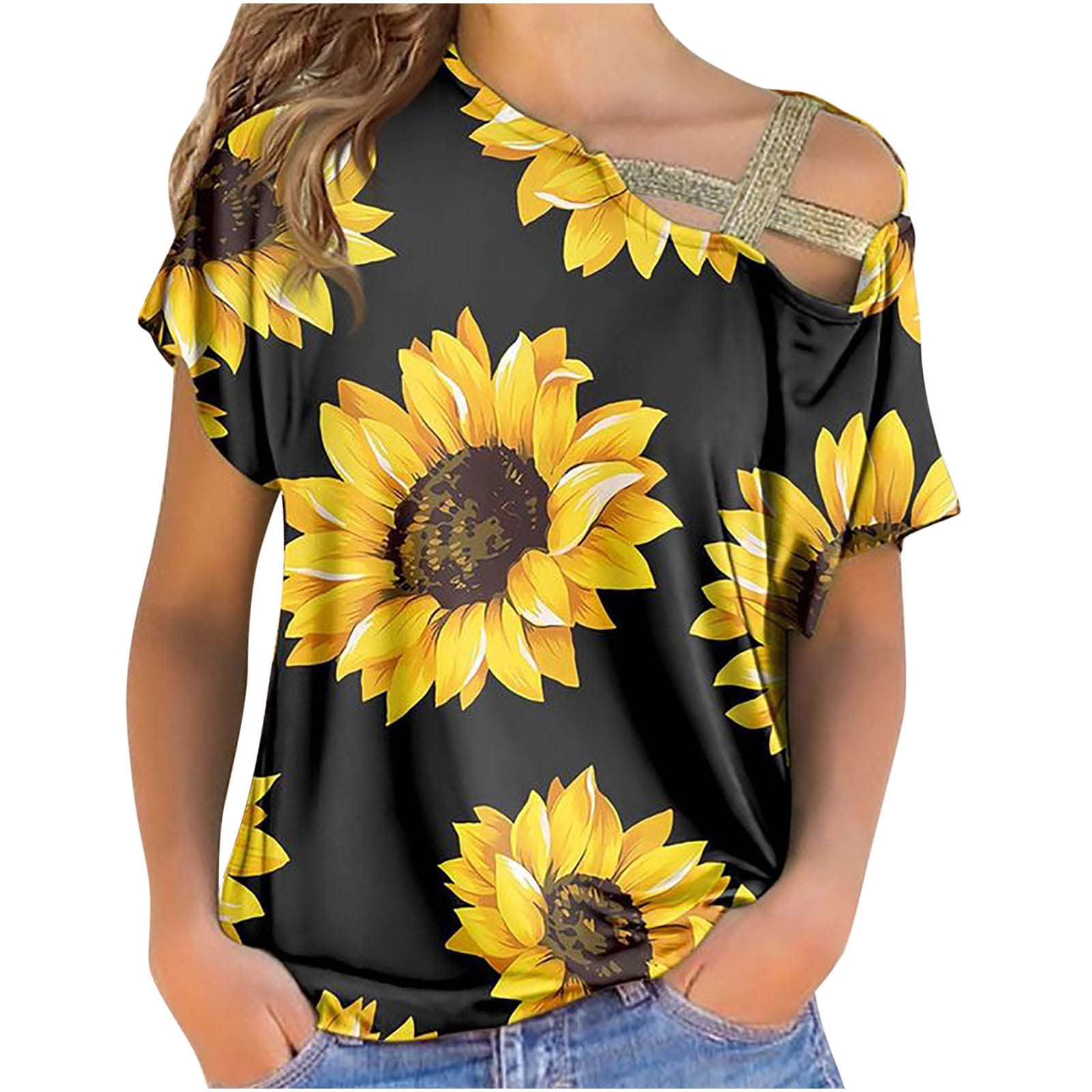 Women's Casual Summer Sunflower Print Hawaiian Shirt - Flowy Short Sleeve Tops for Beach, Vacation & Workout | Boho Chic Ladies Blouse for Outdoor Activities & Daily Wear
