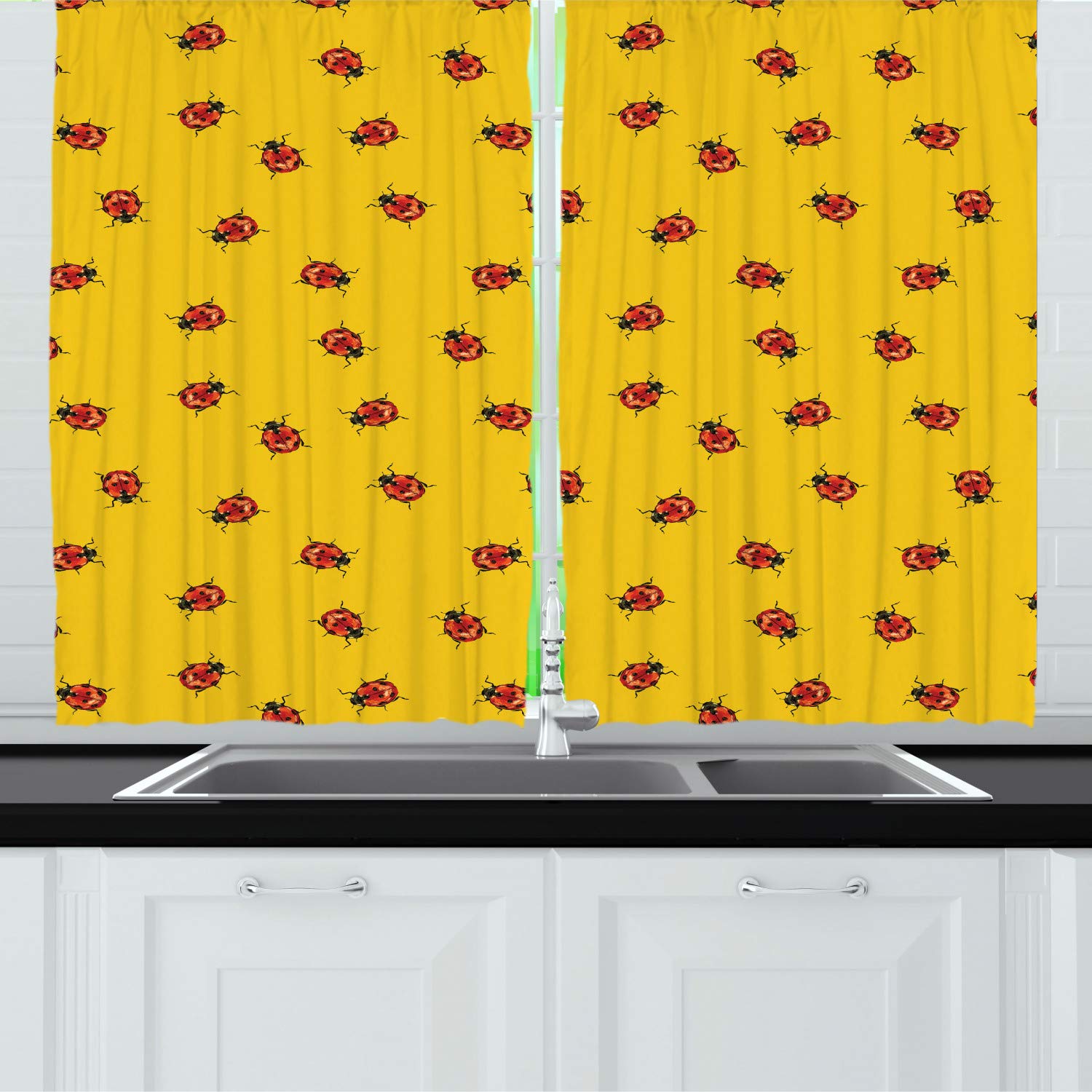 Ambesonne Ladybugs Kitchen Curtains - Red Beetle Spots Seamless Pattern, 2 Panels with Rod Pocket, 55
