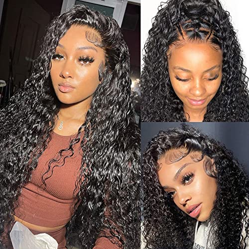 13x6 Transparent Lace Front Wigs Human Hair - Brazilian Virgin Hair Water Wave Frontal Wig 180% Density, Pre-Plucked, Glueless, 10A Quality, Wet & Wavy Curly Human Hair Wigs for Black Women (16 inch, Natural Color) - Perfect for Daily Wear, Parties, Weddings & Special Occasions