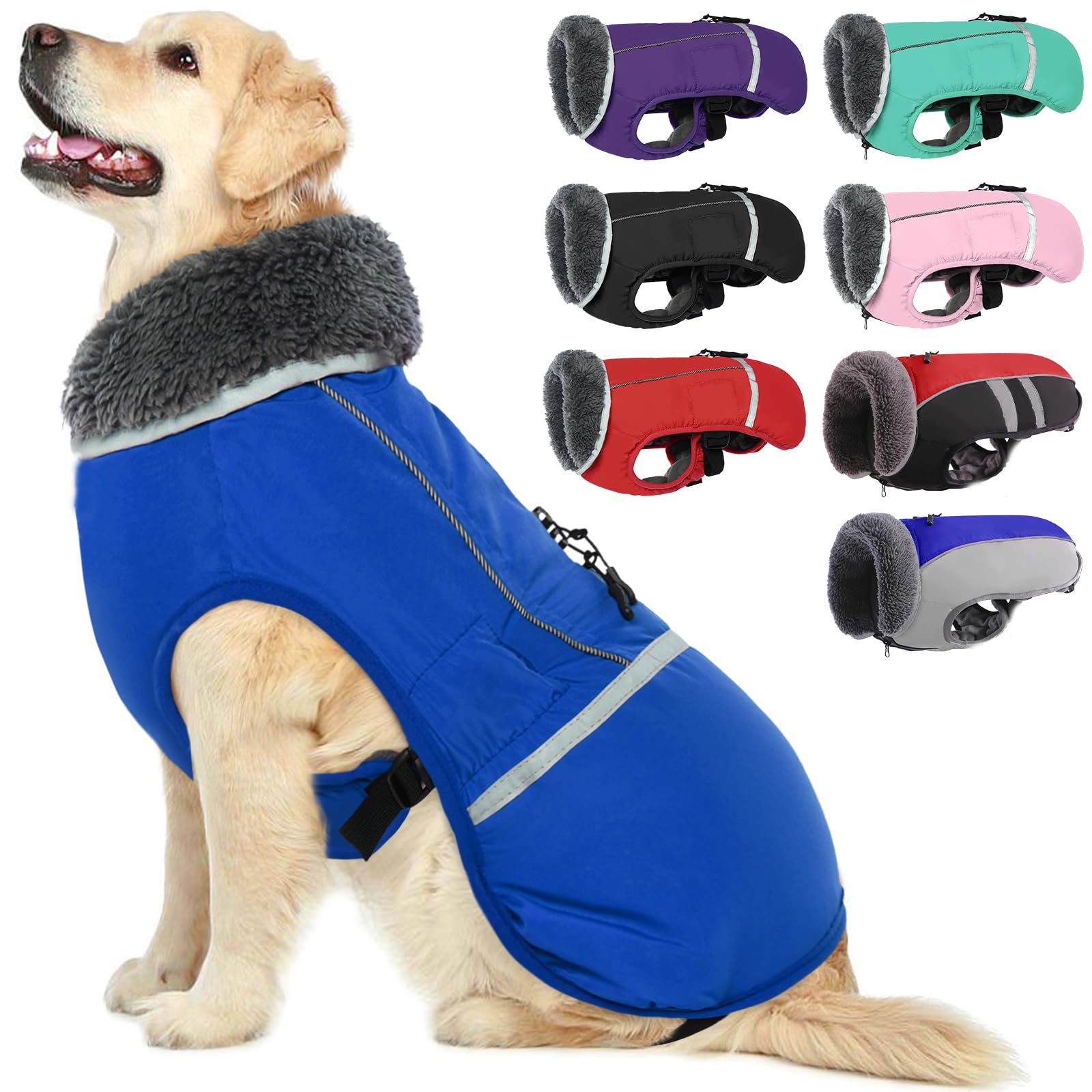 QBLEEV Reflective Waterproof Dog Winter Coat - Fleece-Lined Warm Dog Jacket with Turtleneck for Small, Medium & Large Dogs - Cold Weather Snowsuit for Christmas & Outdoor Activities