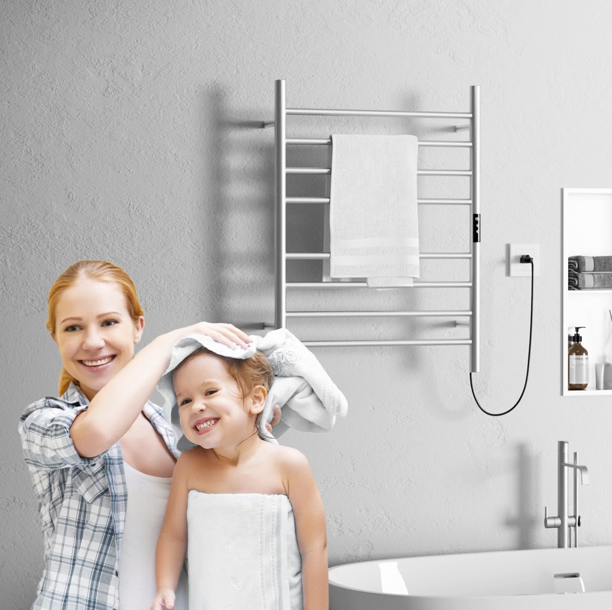 QAOYEDE 8-Bar Heated Towel Rack - Wall Mounted Bathroom Towel Warmer with Adjustable Timer & Temperature Control, Brushed Nickel Finish - Perfect for Spa-Like Luxury & Quick Drying (Plug-in Electric Design)