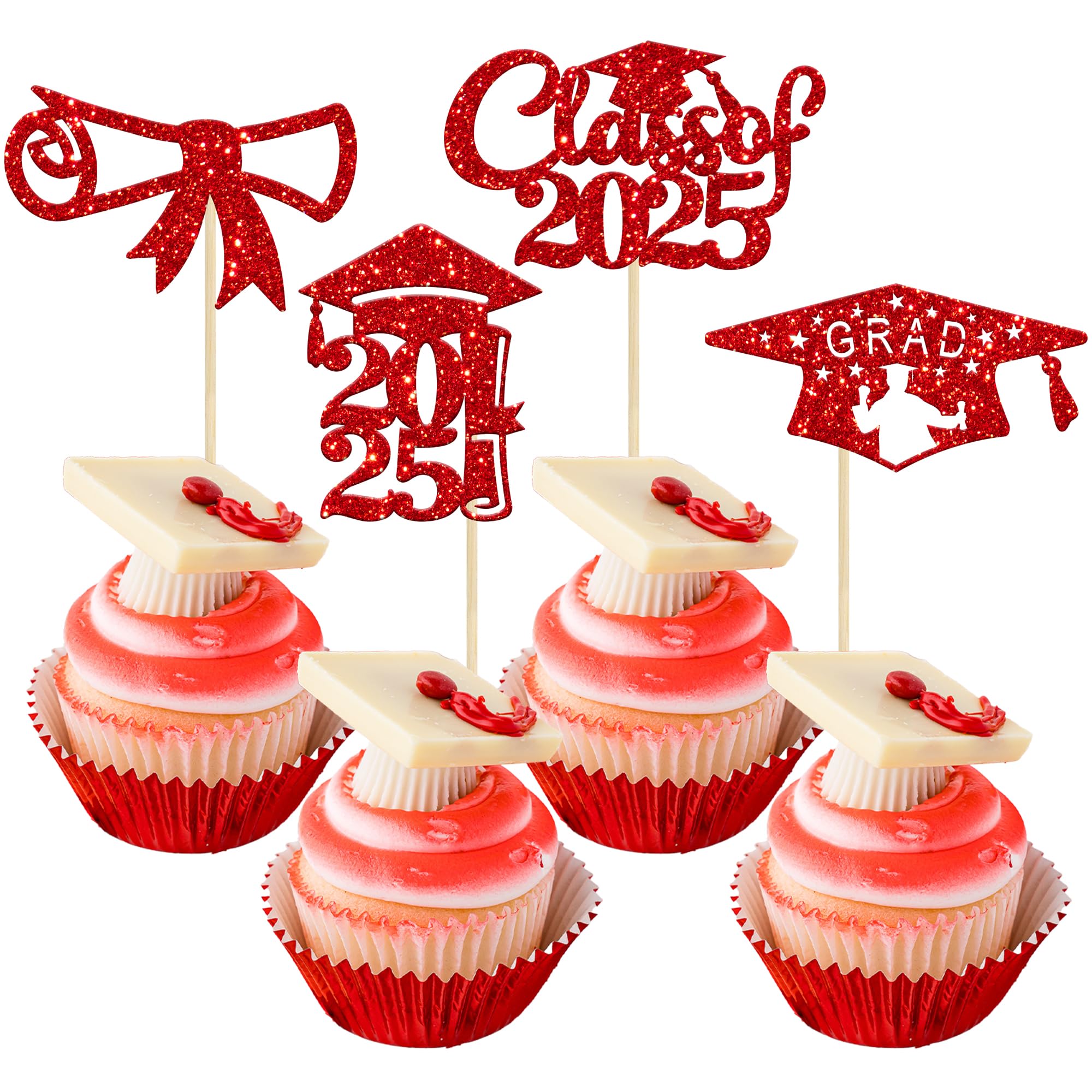 24Pcs 2025 Graduation Cupcake Toppers - Red Glitter Class of 2025 Diploma Congrats Grad Cap Picks - Perfect for Graduation Party Decorations, Cake Decor, and School Celebration Supplies