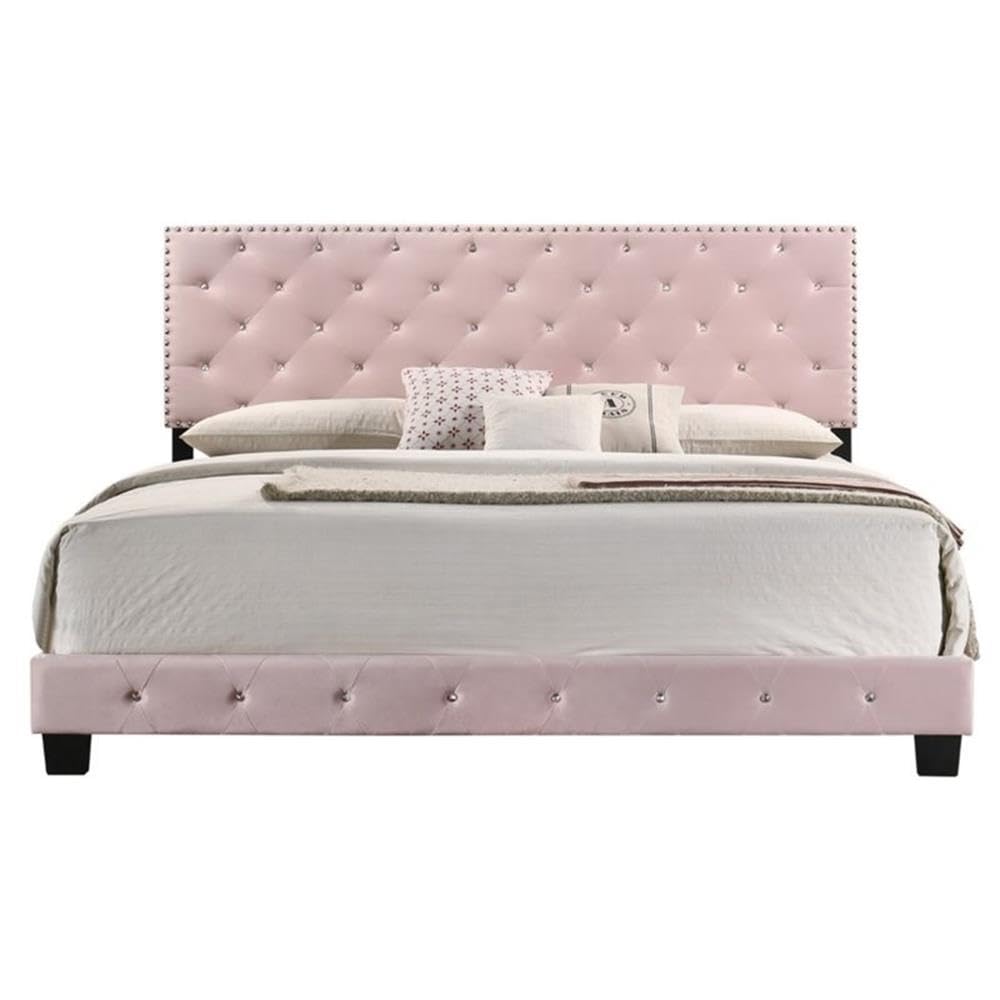 Glory Furniture Suffolk Velvet Upholstered King Size Bed Frame in Pink - Luxurious Bedroom Furniture for Master Suite & Guest Room