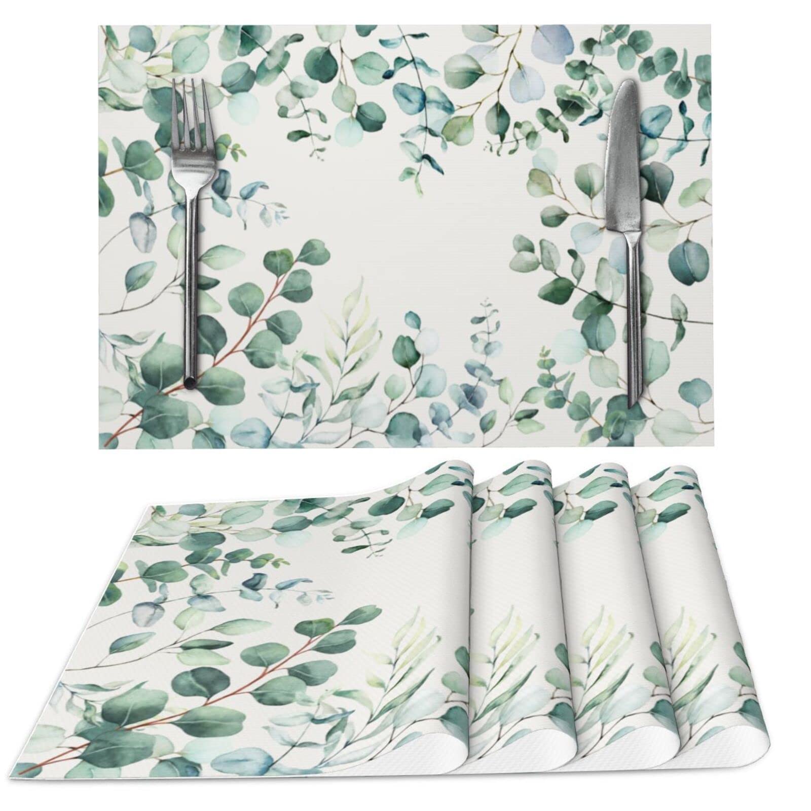 Natural Eucalyptus Leaves Woven Placemats Set of 4 - Rectangle Fabric Table Mats for Dining, Kitchen, and Outdoor Picnics - Eco-Friendly Home Decor