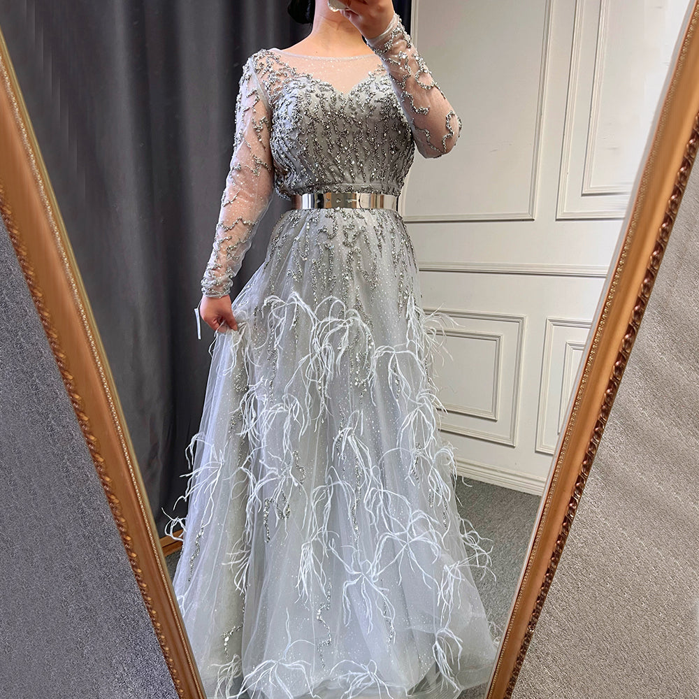 Elegant Grey Mermaid Evening Dress with Long Sleeves & Feather Beading - Luxury Women's Gown for Parties, Prom, Weddings & Formal Events - Serene Hill Collection 2025 LA70968