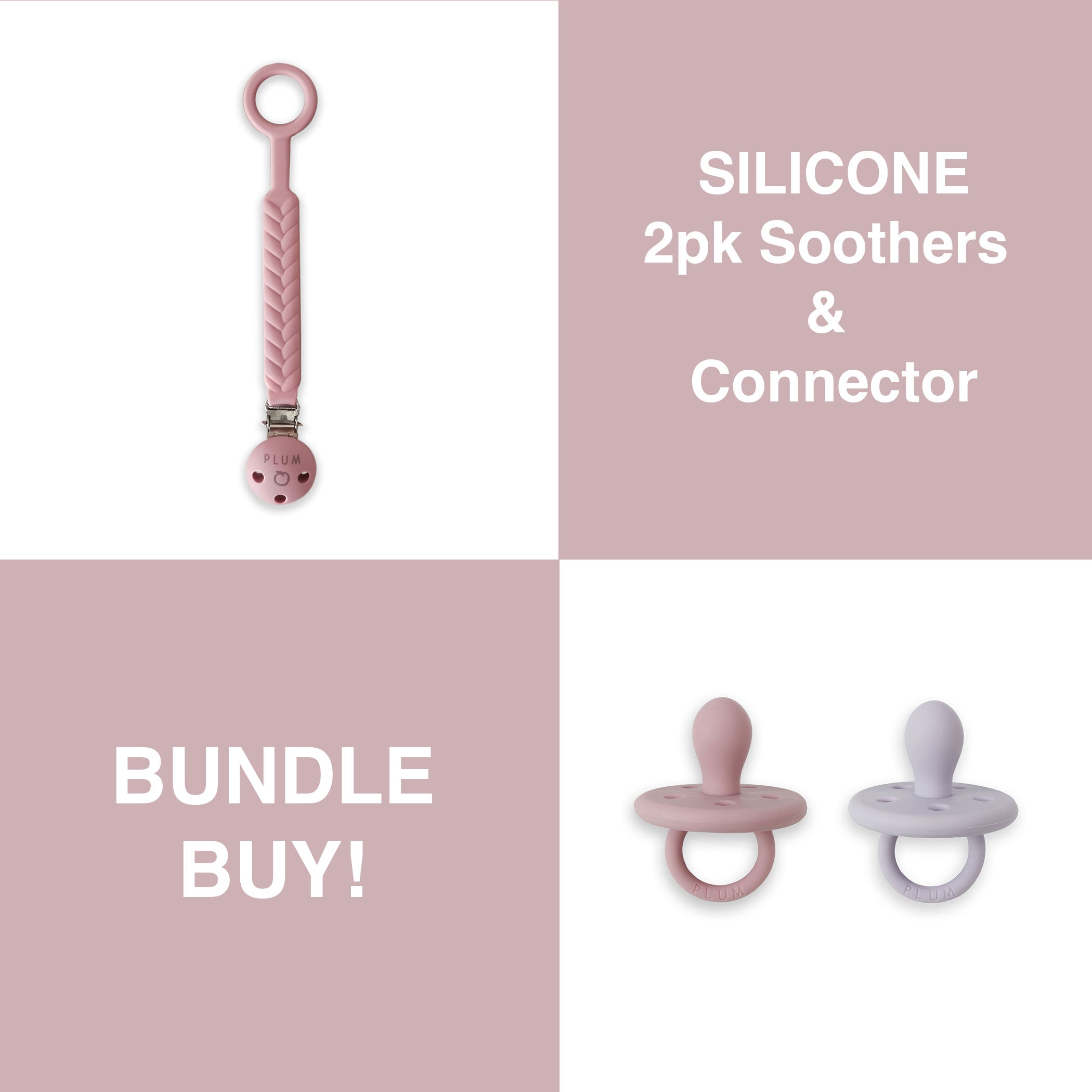 PLUM Silicone Baby Pacifiers & Connector Set - Berry (0-6 Months) - Perfect for Soothing and Comforting Newborns During Sleep and Travel