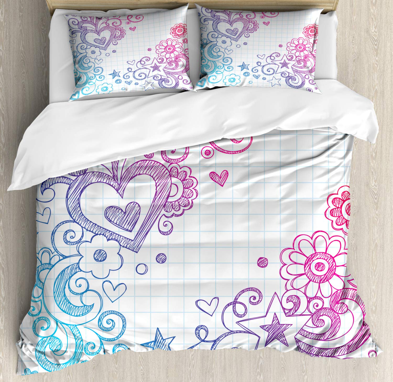 Ambesonne Love Duvet Cover Set 3-Piece - Valentine's Day Themed Swirled Sketch Checkered Notebook Design - California King Size Pink Purple Blue Bedding with 2 Pillow Shams | Romantic Bedroom Decor for Couples, Anniversary Gift Idea