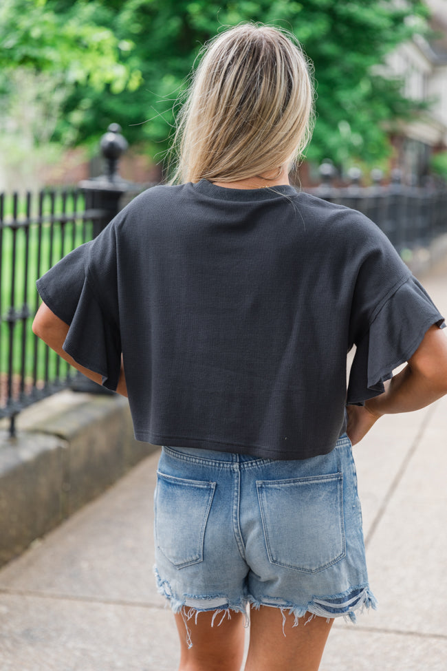 Embrace The Journey Charcoal Waffle Crop Tee - Women's Casual Short Sleeve T-Shirt for Yoga, Travel & Everyday Wear | Final Sale