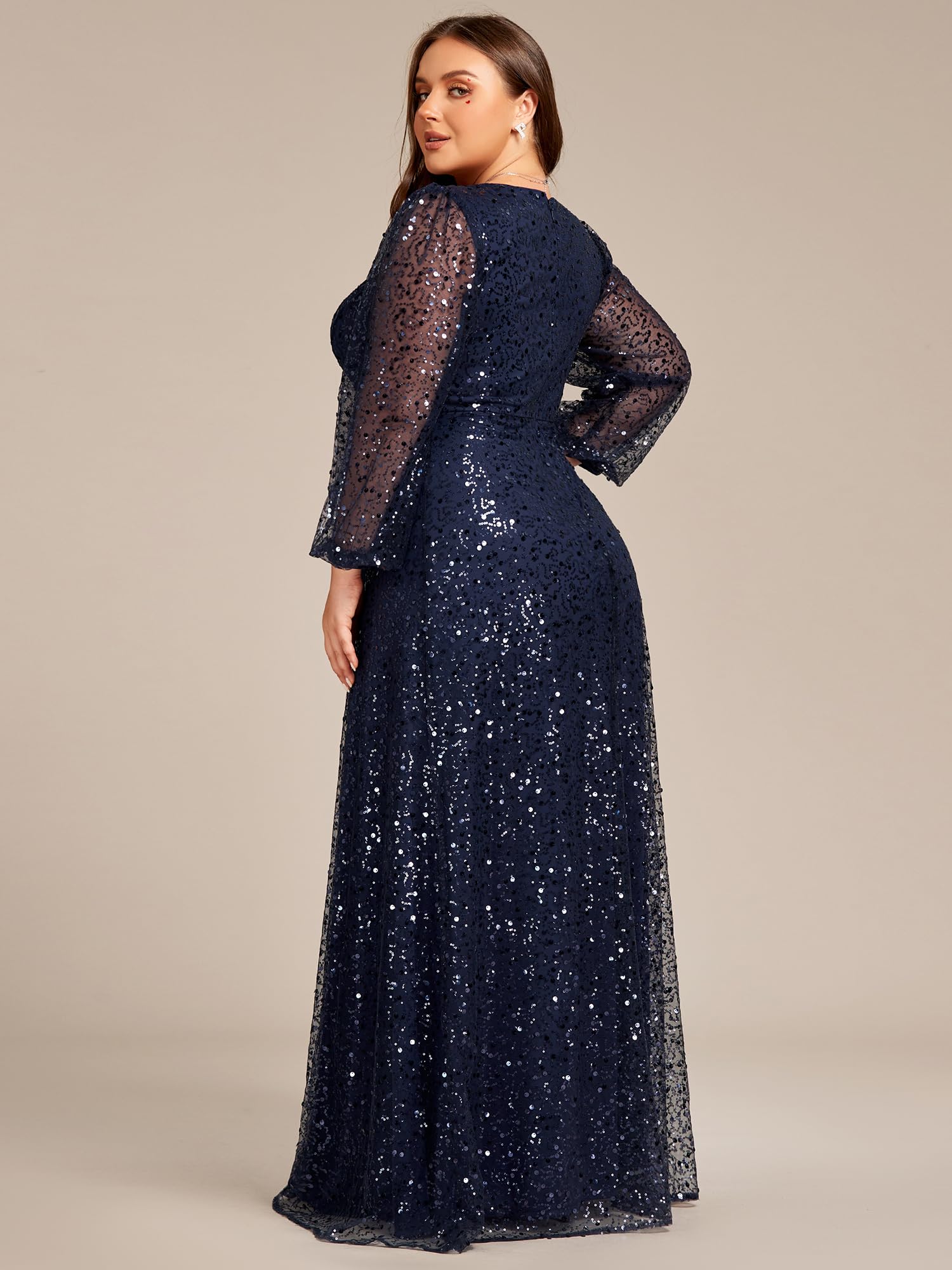 Ever-Pretty Women's Plus Size A-Line Sequin Formal Dress with V-Neck & Sheer Long Sleeves - Elegant Evening Gown for Prom, Wedding, Party & Special Occasions