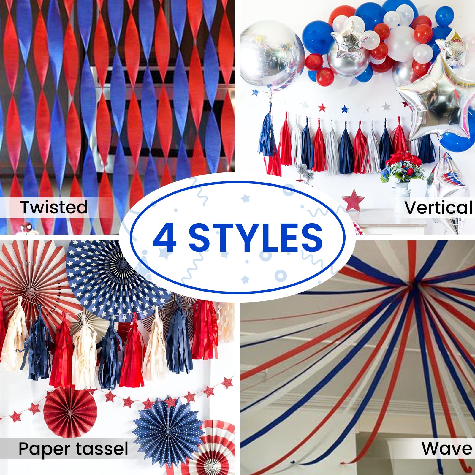 PartyWoo Crepe Paper Streamers - 6 Rolls (492ft Total) - Royal Blue, Red, White & Silver Decorative Streamers for 4th of July, USA Themed Parties, Patriotic Decorations, Birthday Celebrations & Home Decor (1.8