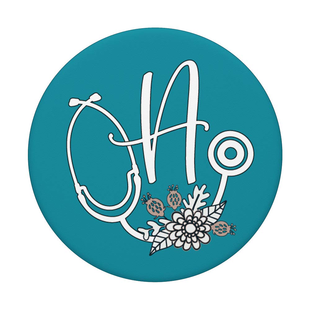 Monogram Initial A Floral Teal Stethoscope PopGrip - Swappable Phone Grip for Nurses & Medical Professionals | Perfect for iPhones, Samsung Galaxy & Tablets | Great Nursing Gift & Hospital Accessory
