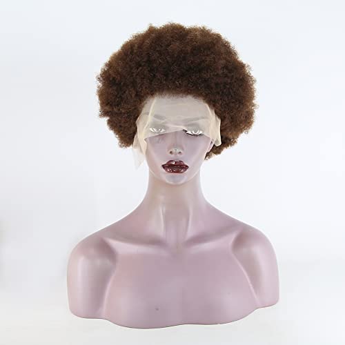 10 Inch Short Lace Front Human Hair Wig - Afro Kinky Curly Brazilian Virgin Hair with Bleached Knots & Baby Hair for Black Women | Natural #4 Medium Brown Color | Perfect for Daily Wear, Cosplay & Protective Styling
