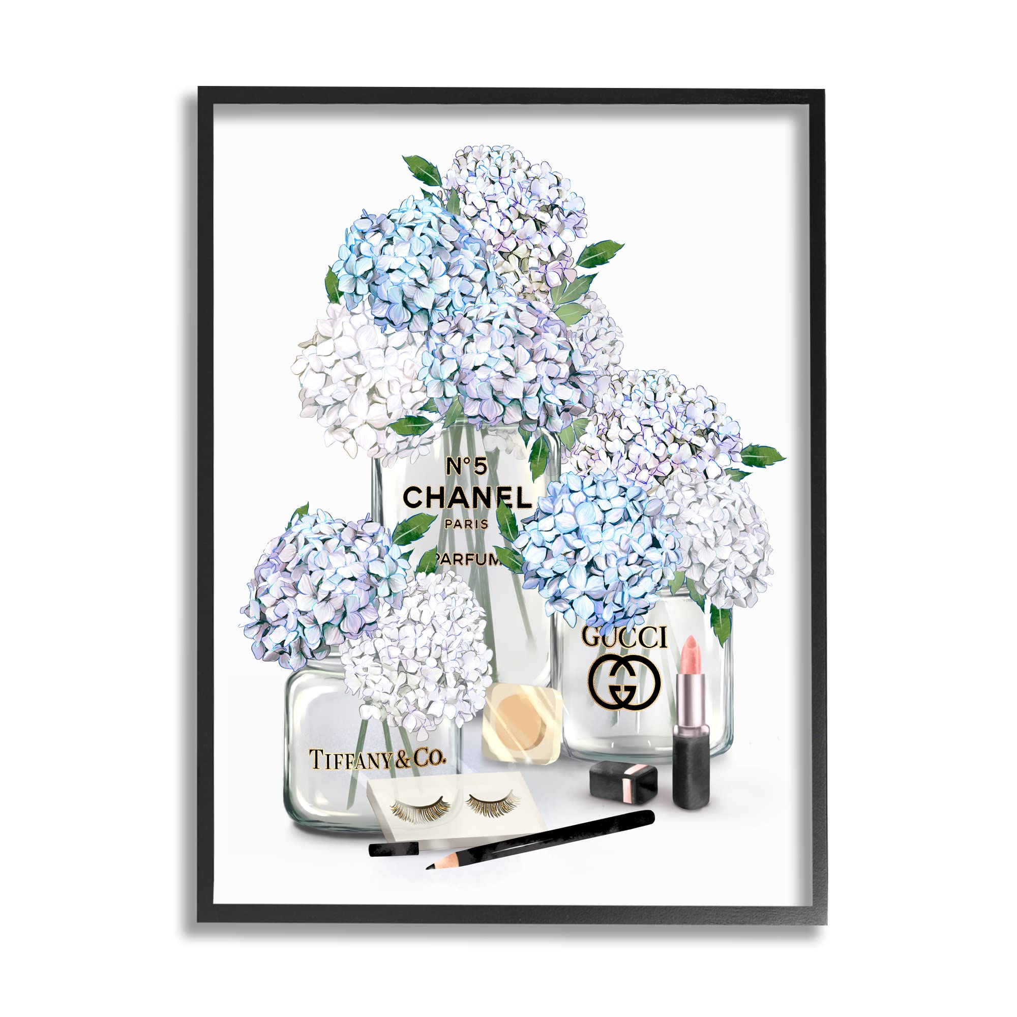 Stupell Industries Glam White & Blue Hydrangea Perfume Bottles & Lipstick Wall Art - Modern Bathroom Decor, Bedroom Aesthetic, Gift for Makeup Lovers - Designed by Ziwei Li