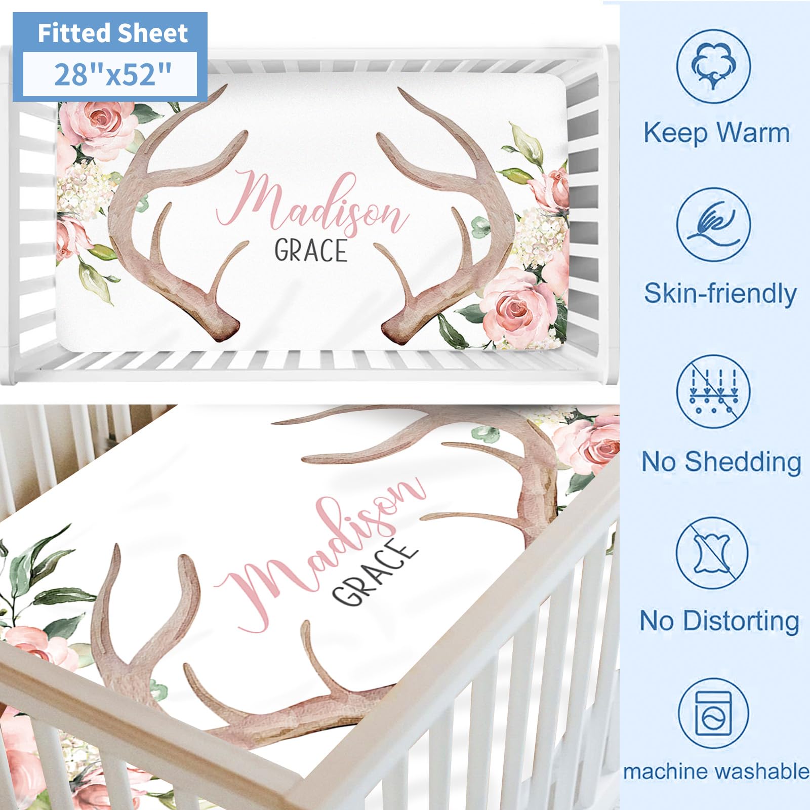 Personalized 5-Piece Baby Crib Bedding Set with Name - Pink Woodland Deer Nursery Set for Baby Girls | Custom Crib Sheets, Blanket & Decor | Perfect Baby Shower Gift & Nursery Essentials for Newborns & Toddlers