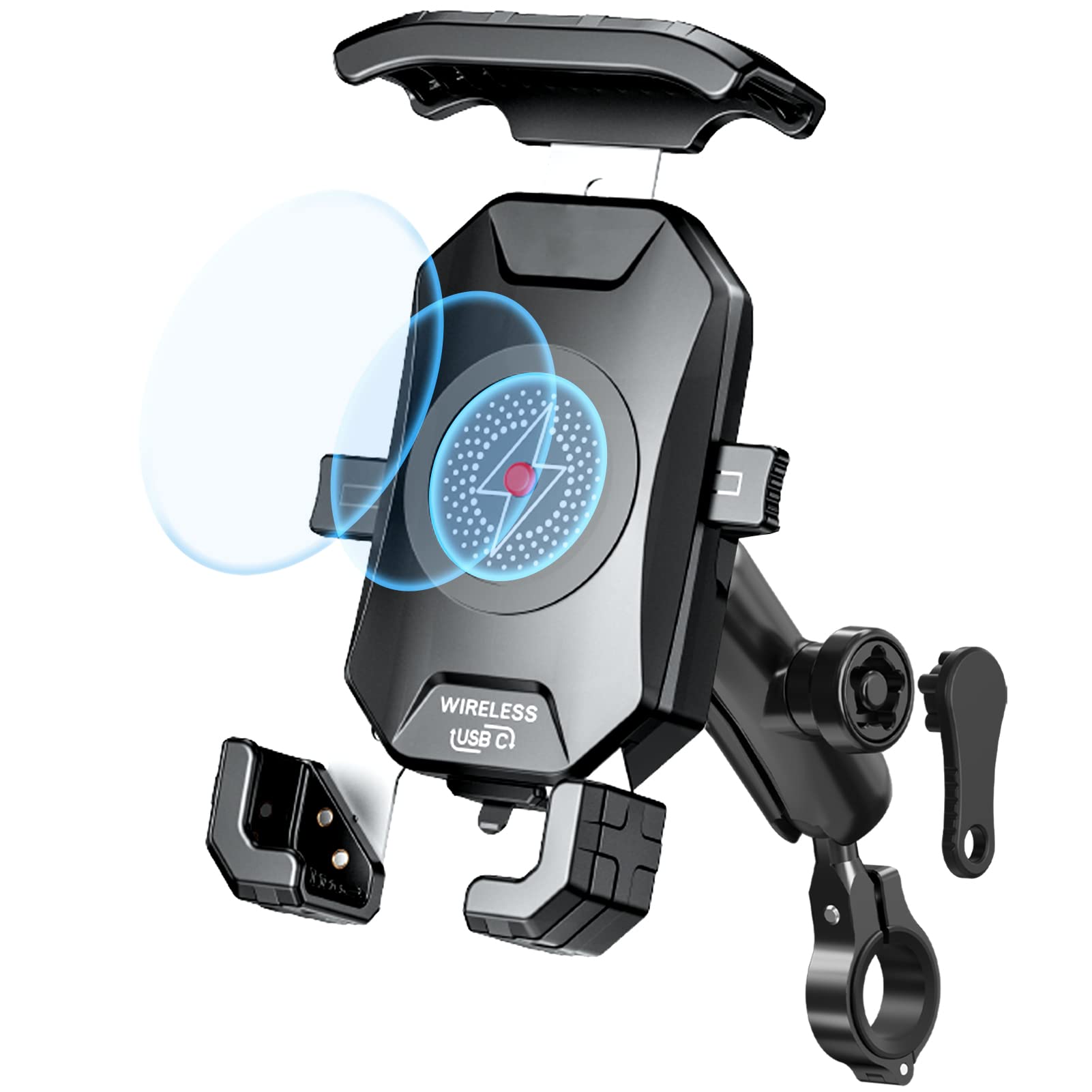 Anti-Theft Motorcycle Phone Mount with Wireless Charger - 15W Fast Charging, USB-C 5V 3A, 360° Rotation, Waterproof Handlebar Stem Holder for 4.0-7.0 Inch Phones (Fits 1