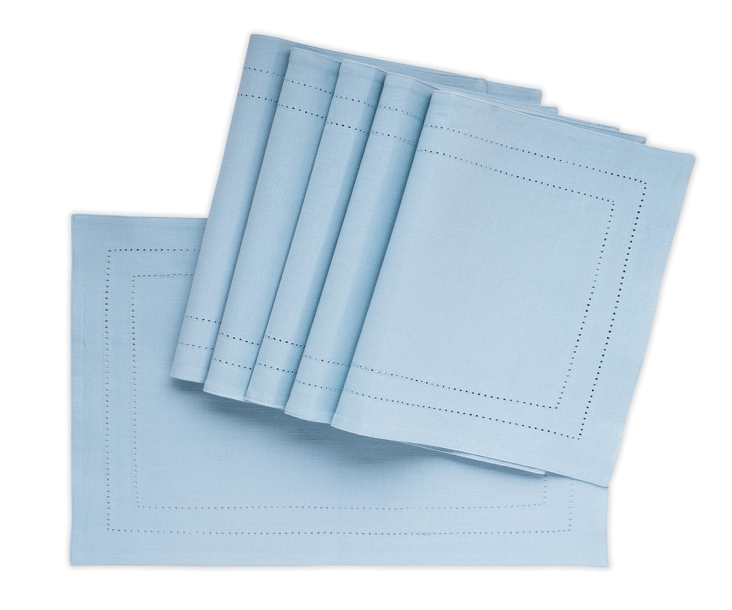 Premium Blue Cotton Placemats Set of 6 - Double Hemstitched, Washable & Soft Woven Table Mats for Kitchen & Dining (13x18 Inches) - Perfect for Everyday Meals, Dinner Parties & Holiday Decor