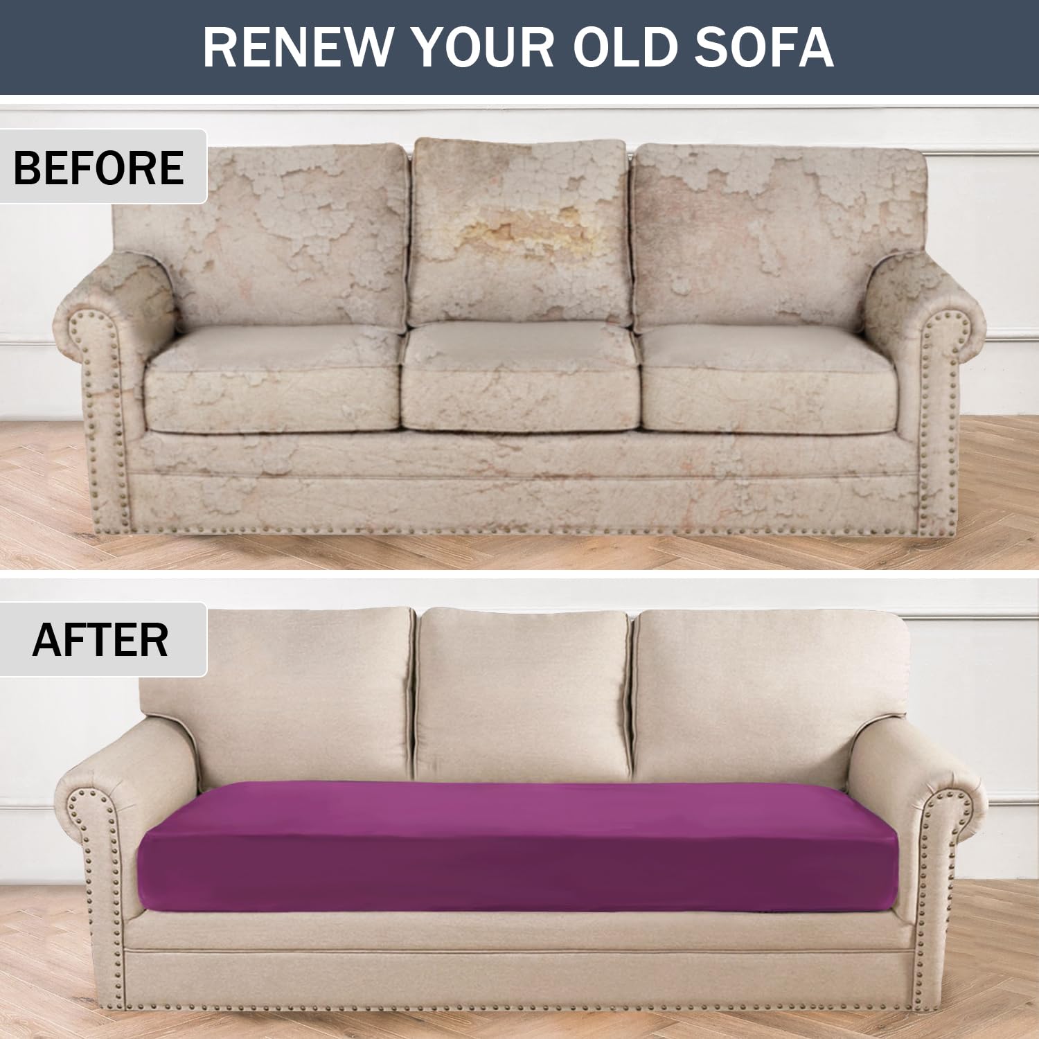 Soft Velvet Plush Stretch Cushion Cover with Elastic Bottom - Loveseat Sofa Covers, Couch Seat Protector for Furniture (Medium, Purple) - Perfect for Living Room Decor, Home Styling & Pet-Friendly Furniture Protection