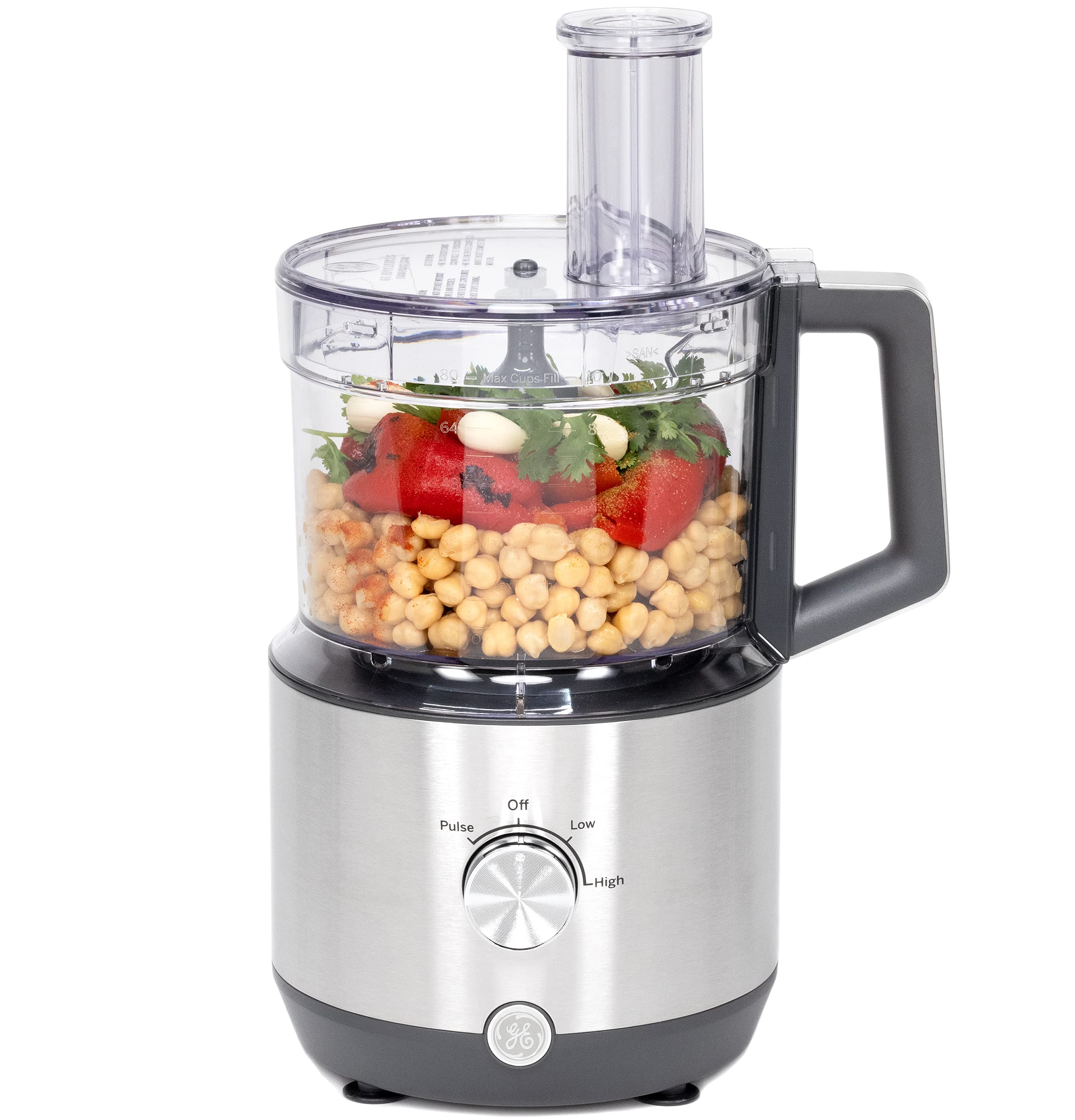 GE 12-Cup Food Processor with 3 Feeding Tubes & Stainless Steel Accessories - 3 Discs + Dough Blade | 550W 3-Speed Electric Kitchen Appliance | Perfect for Shredding Cheese, Chopping Vegetables, Kneading Dough | Ideal for Meal Prep, Baking & Cooking | Durable & Powerful Kitchen Essential