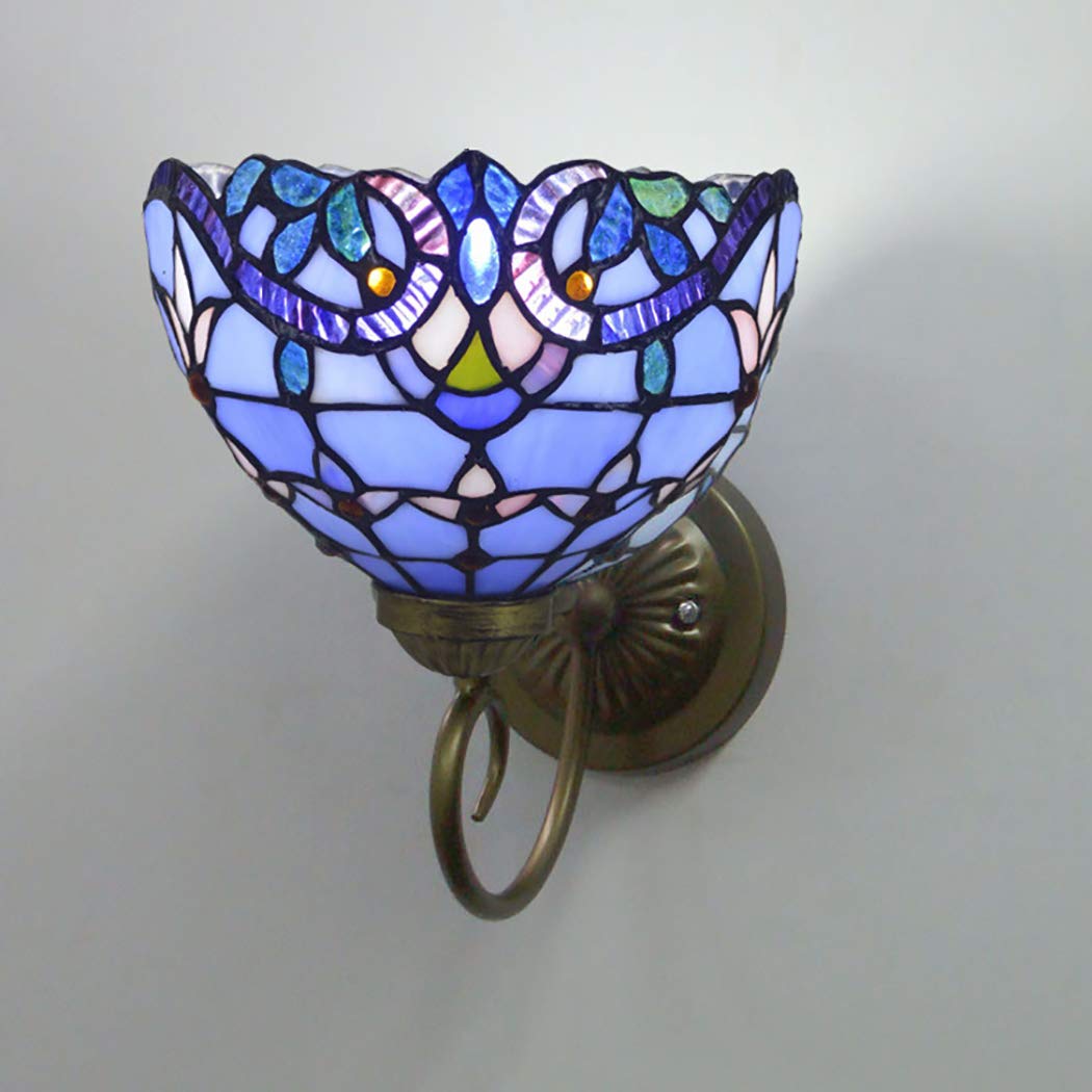 Baroque Style Tiffany Wall Sconce - Handcrafted Stained Glass Wall Light Fixture with Antique Bronze Finish - Perfect for Hallway, Balcony, Staircase Lighting - 1 Light Blue Art Deco Home Decor