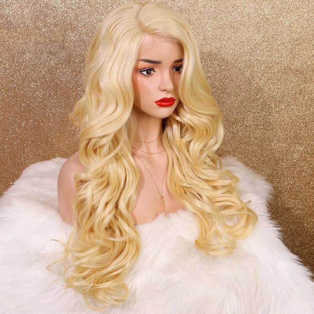 Imeya 24 Inch Blonde Lace Front Wig - Heat Friendly Synthetic Hair for Women | Glueless 13x4 Swiss Lace Body Wave #613 Wig | Side Parting Golden Blonde Cosplay & Everyday Wig | 150% Density Natural Look | Perfect for Daily Wear, Parties & Costume Events