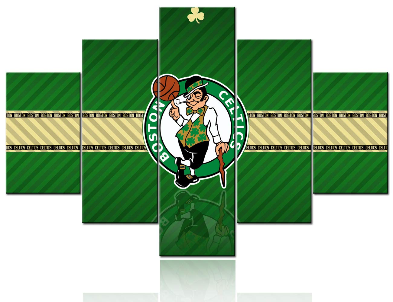 Boston Celtics NBA Basketball Wall Art - 5 Panel Canvas Painting 60''W x 40''H, Framed & Ready to Hang | Modern Sports Decor for Living Room, Man Cave, Game Room & Office | Native American Inspired Basketball Team Artwork