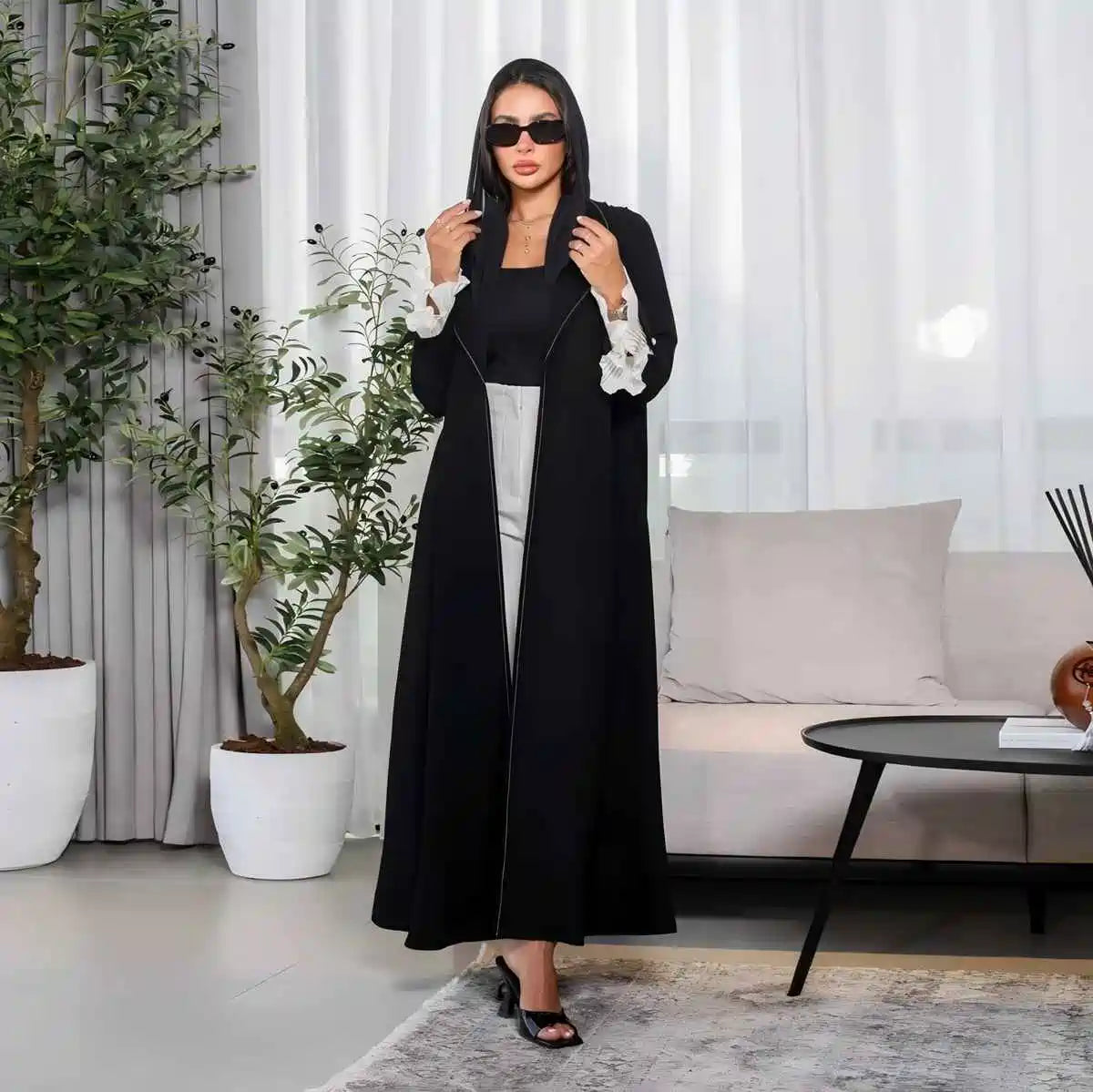 Urgarment Black Pleated Sleeve Open Abaya Dress #25170 - Elegant Muslim Women's Cardigan for Prayer, Home & Special Occasions