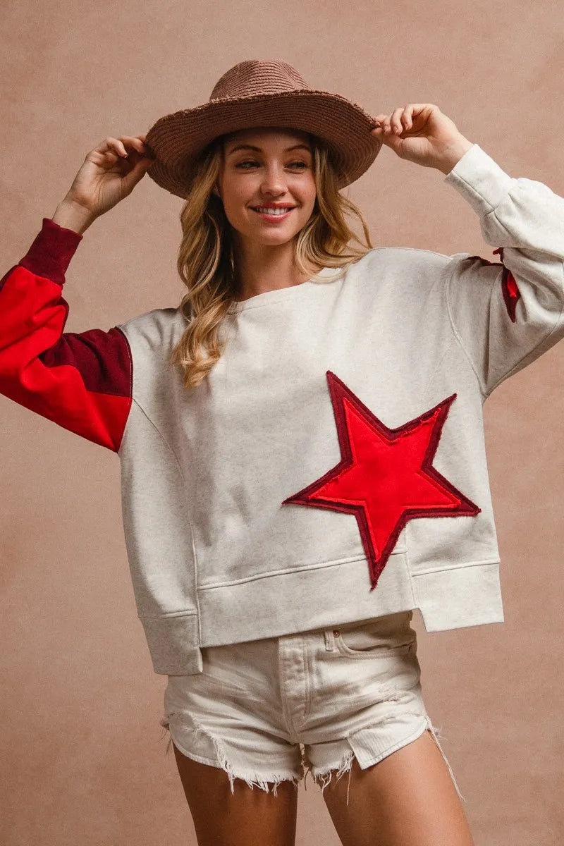 BiBi Star Patch & Spliced Hemline French Terry Long Sleeve Sweatshirt for Women - Cozy Casual Pullover for Fall & Winter Fashion | Perfect for Streetwear, Lounge Wear and Everyday Outfits