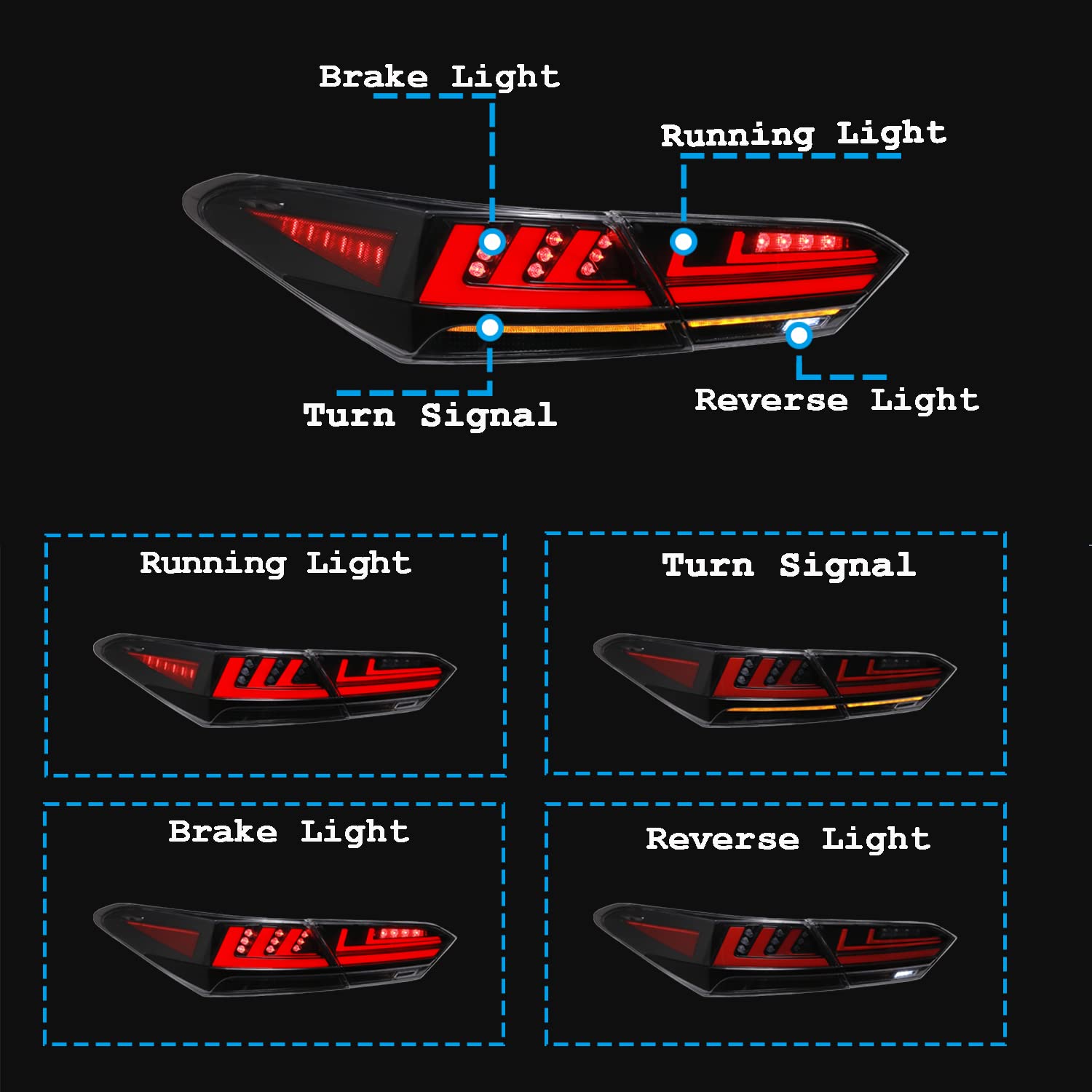 Inginuity Time LED Tail Lights for Toyota Camry 2018-2023 - Black Rear Lamps with Start-Up Animation, DRL, Brake & Turn Signal Assembly | Perfect for Night Driving & Car Customization