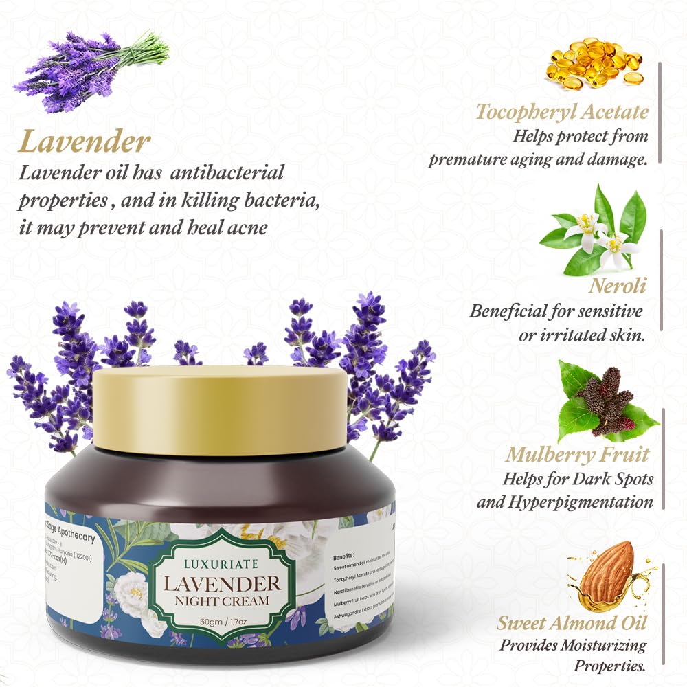 LUXURIATE Lavender Night Cream - Anti Aging & Skin Tightening Face Cream with Lavender & Almond Oil | Premium Luxury Night Cream for Women (50g) | Deep Hydration for Dry Skin & Wrinkle Reduction | Perfect for Nighttime Skincare Routine & Gift for Her
