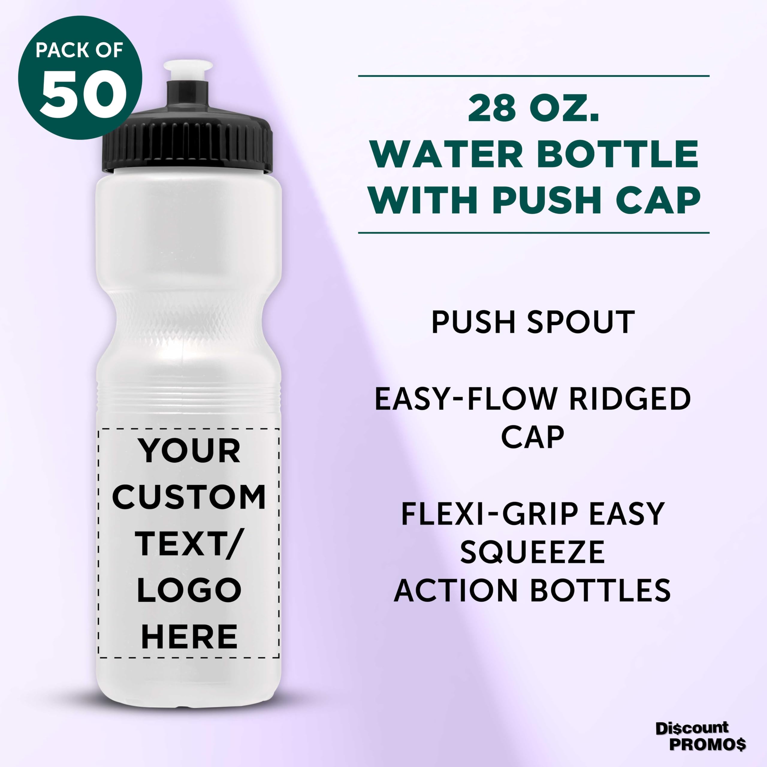 28 oz Custom Push Cap Plastic Water Bottles Bulk Pack of 50 - Personalized Reusable Water Bottles for Gym, Hiking, Camping & Outdoor Sports - Ideal for Team Events, Corporate Gifts & Promotional Giveaways - White