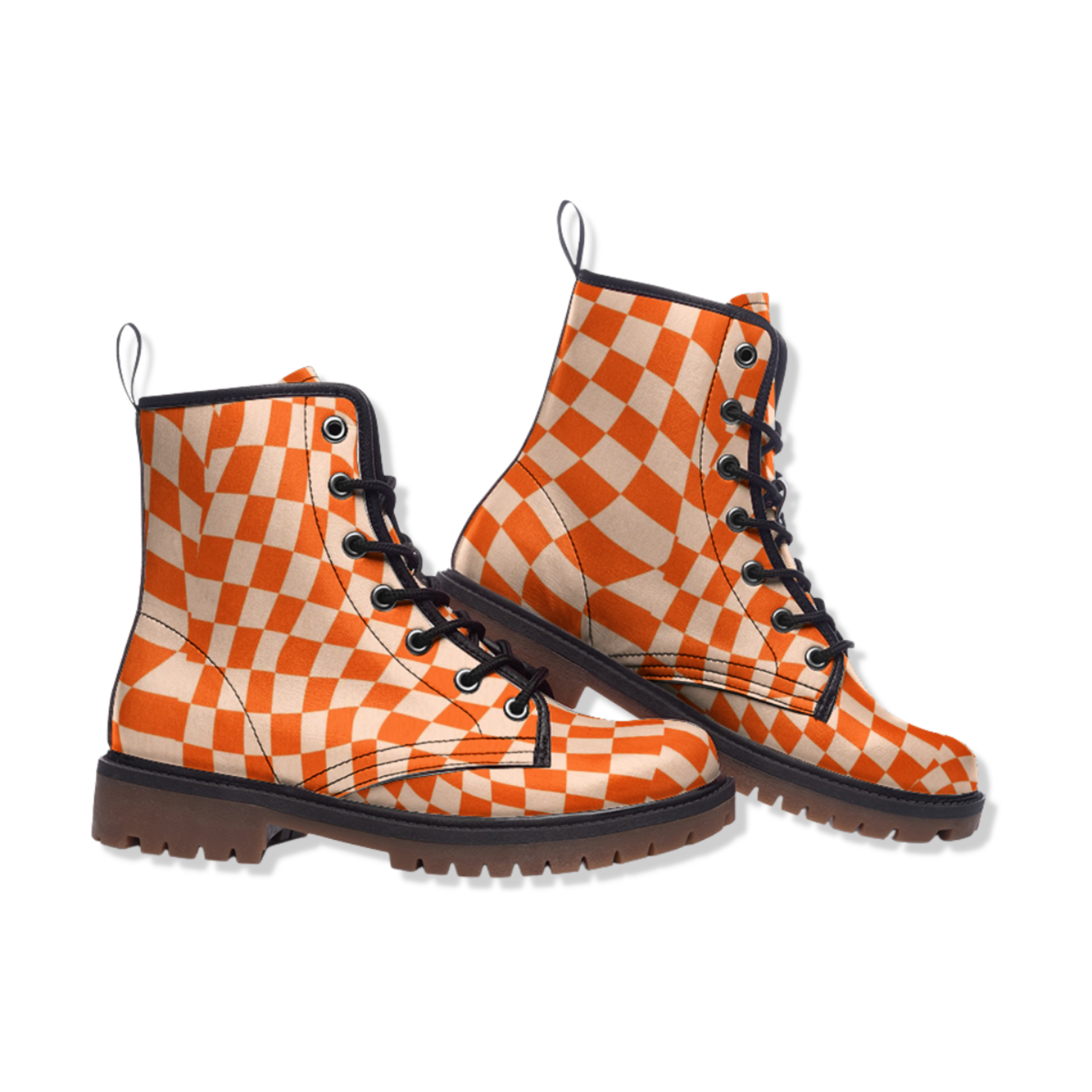 Stylish Faux Leather Lightweight Lace-Up Boots for Women - Retro Checkered Orange Design - Perfect for Casual Outfits, Fall Fashion & Everyday Wear