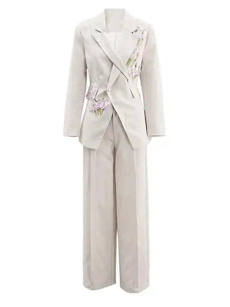 Apricot Floral Blazer & Wide Leg Pants Women's Two-Piece Suit Set - Long Sleeve Lapel Jacket with High Waist Trousers | Spring/Fall 2025 Fashion Trend | Office Wear, Business Casual, Wedding Guest Outfit