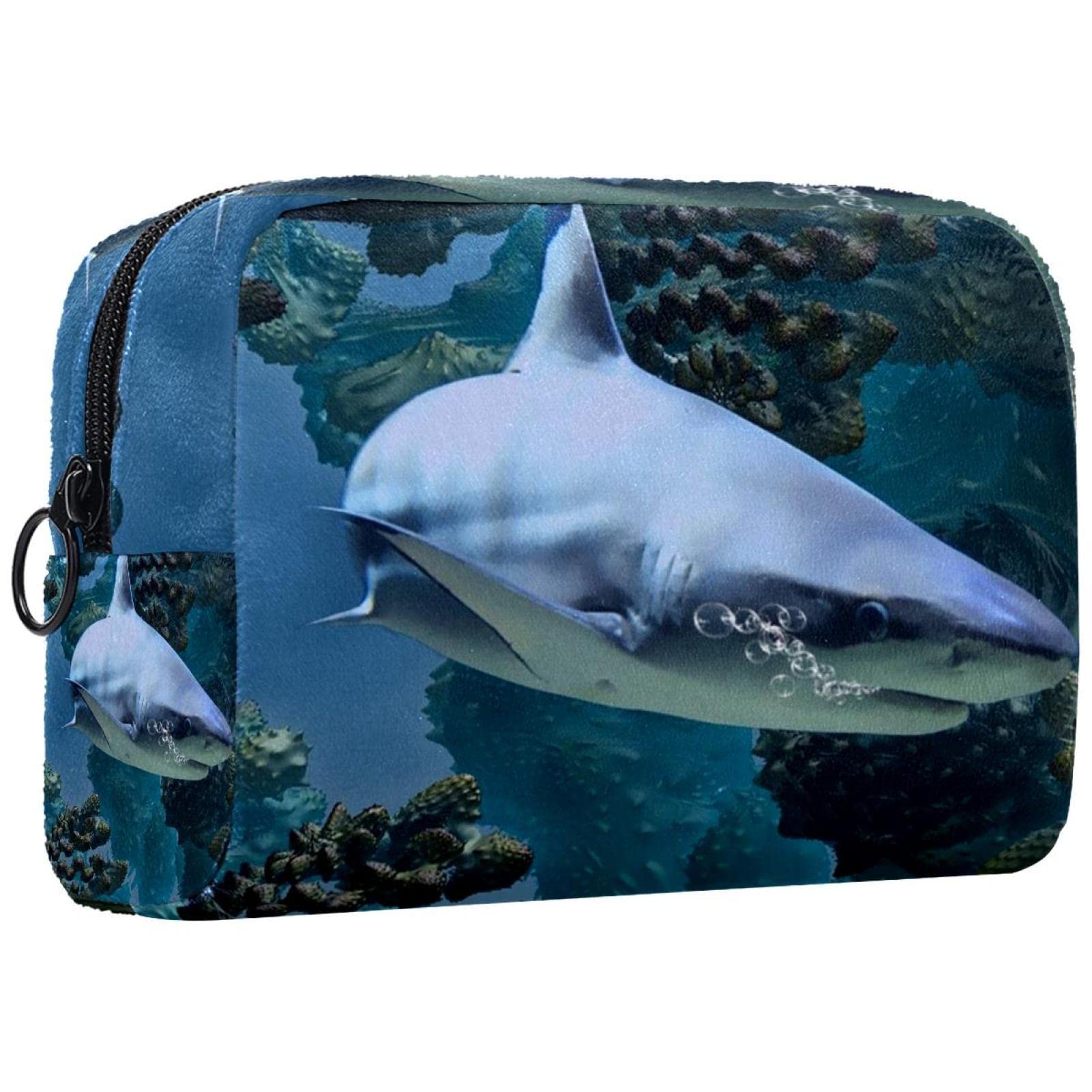 Women's Small Makeup Bag - Travel Cosmetic Pouch with Deep Sea Sharks Print - Perfect for Travel, Gym & Daily Essentials Organization
