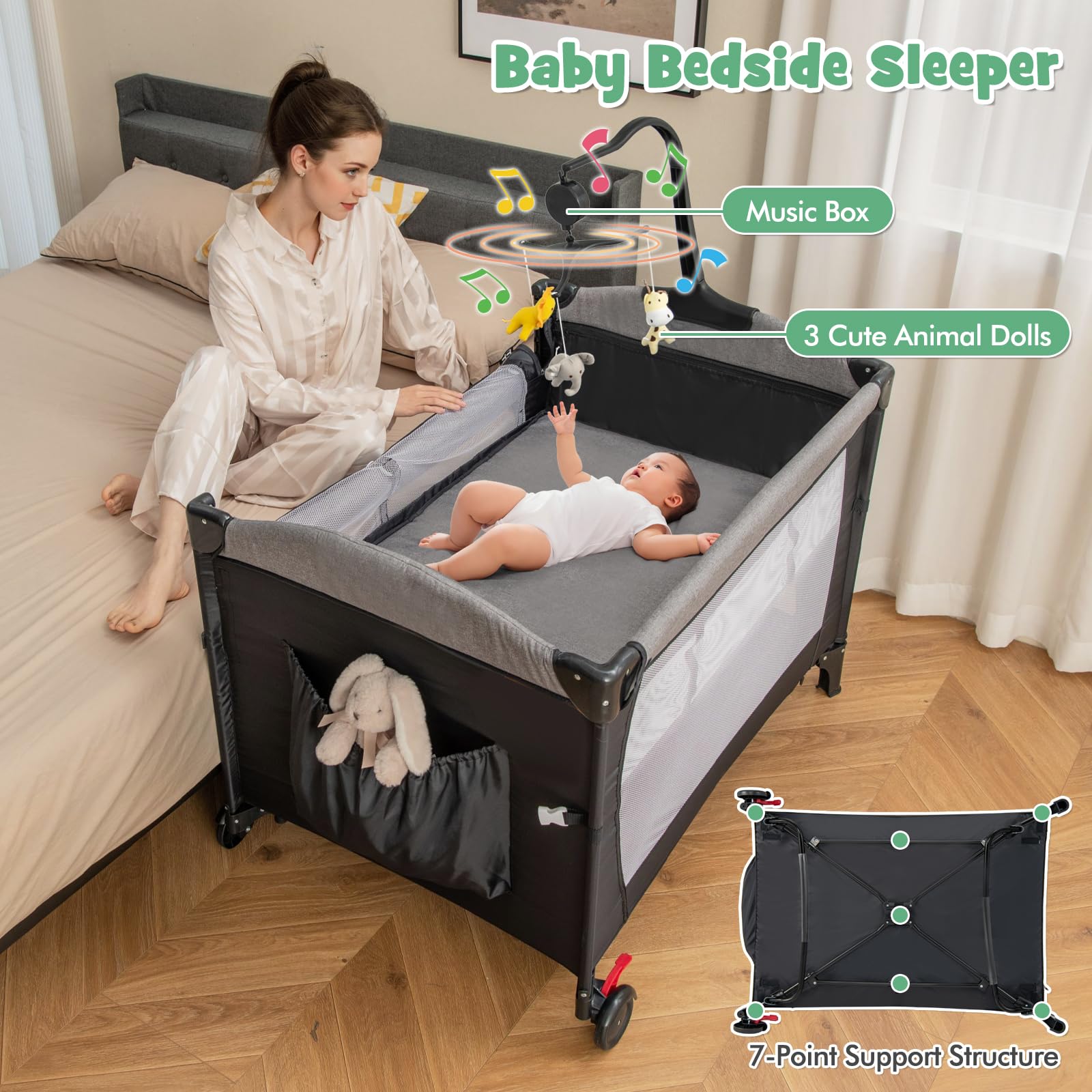 HONEY JOY 6-in-1 Baby Bedside Sleeper & Play Yard with Bassinet, Diaper Changing Table, Zippered Door, 4 Adjustable Heights, Music Box & Storage Bag - Portable for Travel & Home Use (Black) - Perfect for Nursery, Bedroom & On-the-Go Parents