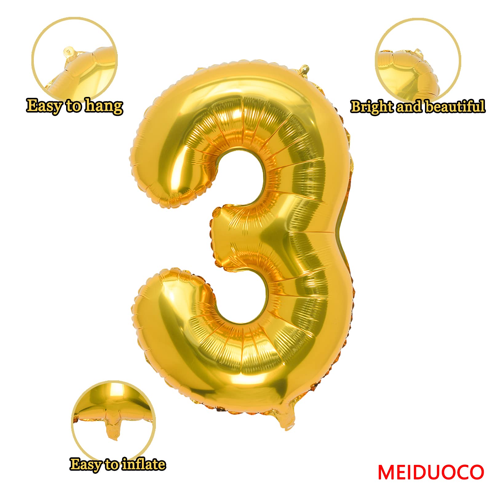 32 Inch Gold Number 3 Foil Balloons for Birthday Party Decorations - Large Metallic Balloon for Anniversary, Graduation, Baby Shower & Special Events