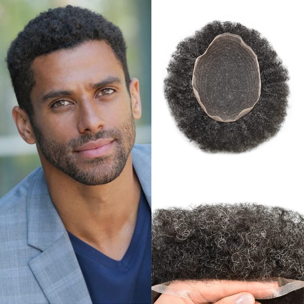Full Lace Afro Toupee for Black Men - 8x10 Kinky Curly Virgin Human Hair System with Natural Hairline (Jet Black +20% Grey, 6mm) - Perfect for African American Men's Hair Replacement & Styling