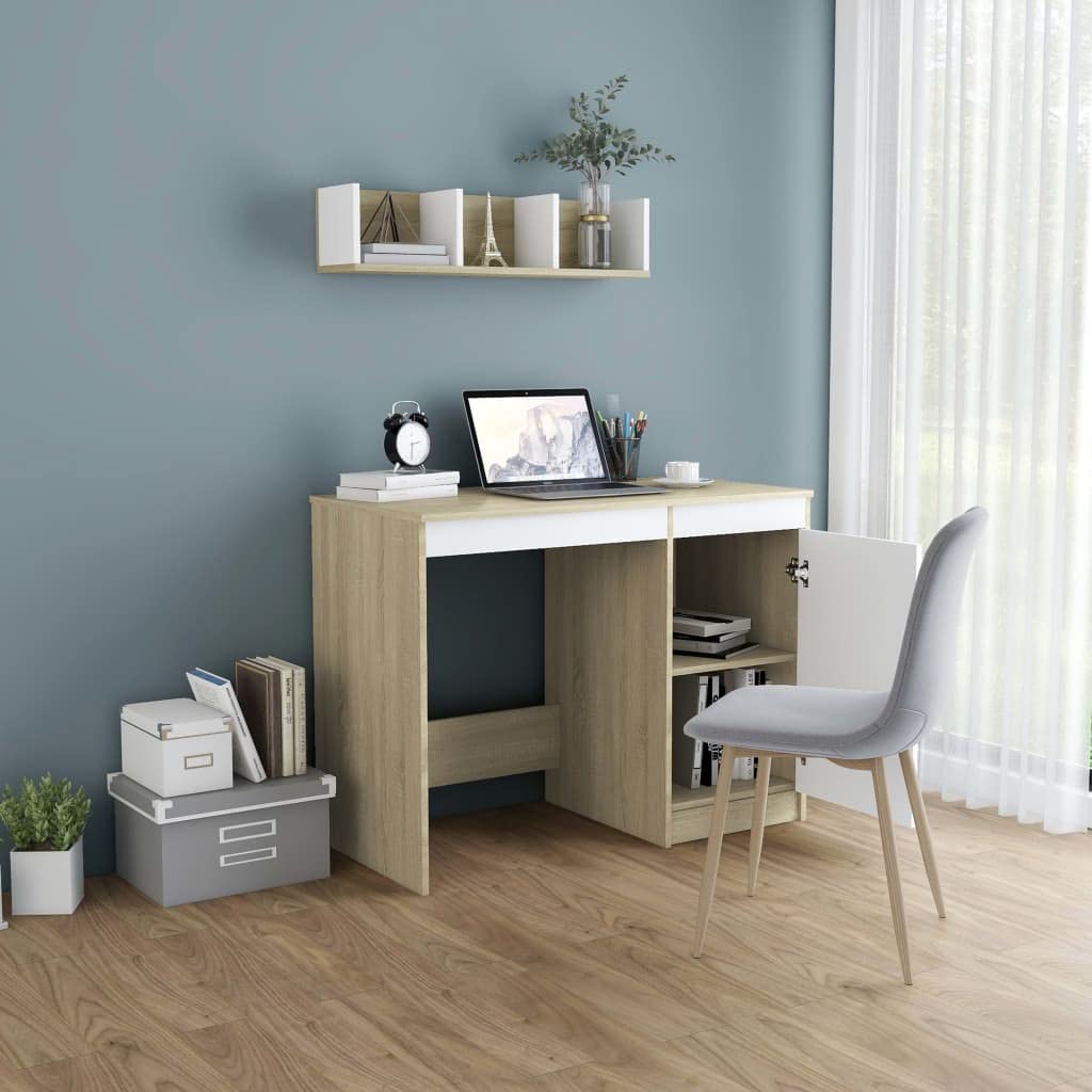 Modern White and Sonoma Oak Finish Sleek Desk - Engineered Wood Construction with Integrated Storage Cabinet - Scandinavian Design Home Office Desk (39.4”x19.7”x29.9”) - Perfect for Small Spaces, Work from Home & Study Rooms